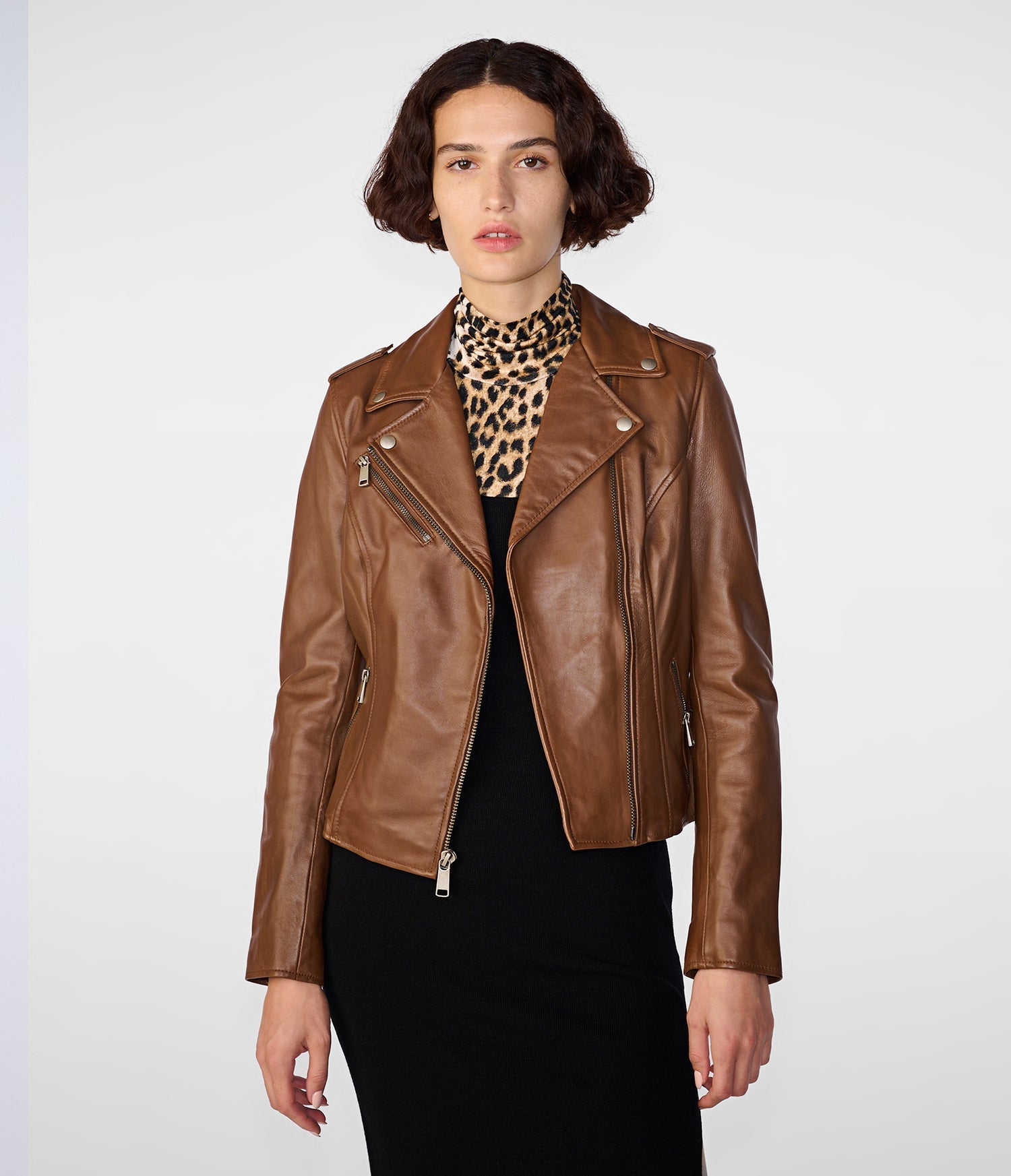 Madeline Asymmetrical Cognac Leather Jacket