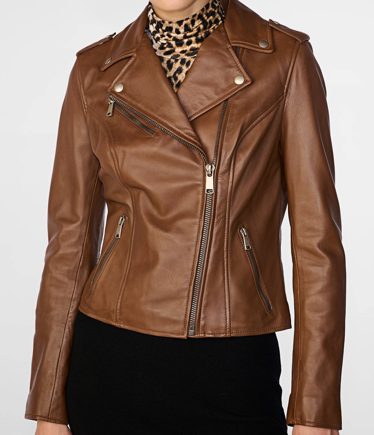Madeline Asymmetrical Cognac Leather Jacket