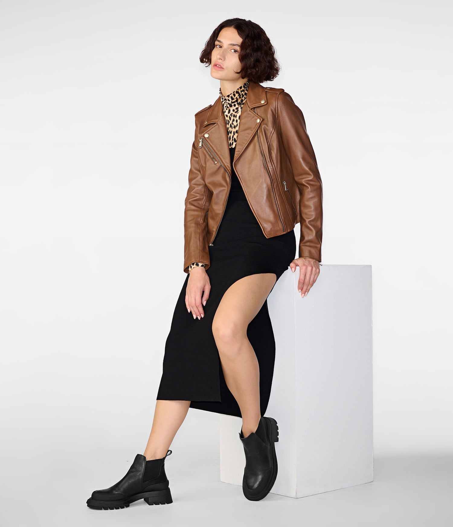 Madeline Asymmetrical Cognac Leather Jacket
