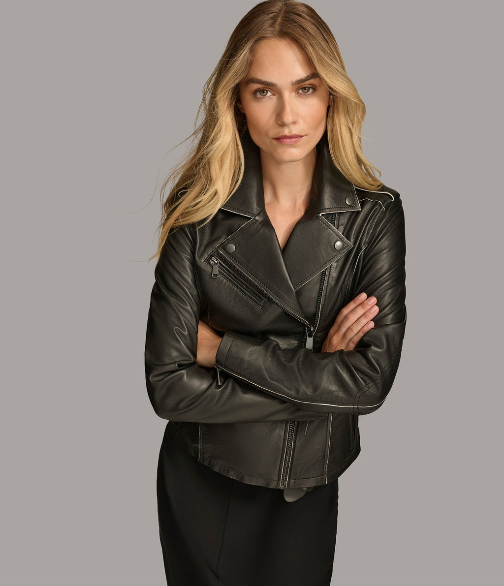 Mona Painted Edge Biker Leather Jacket