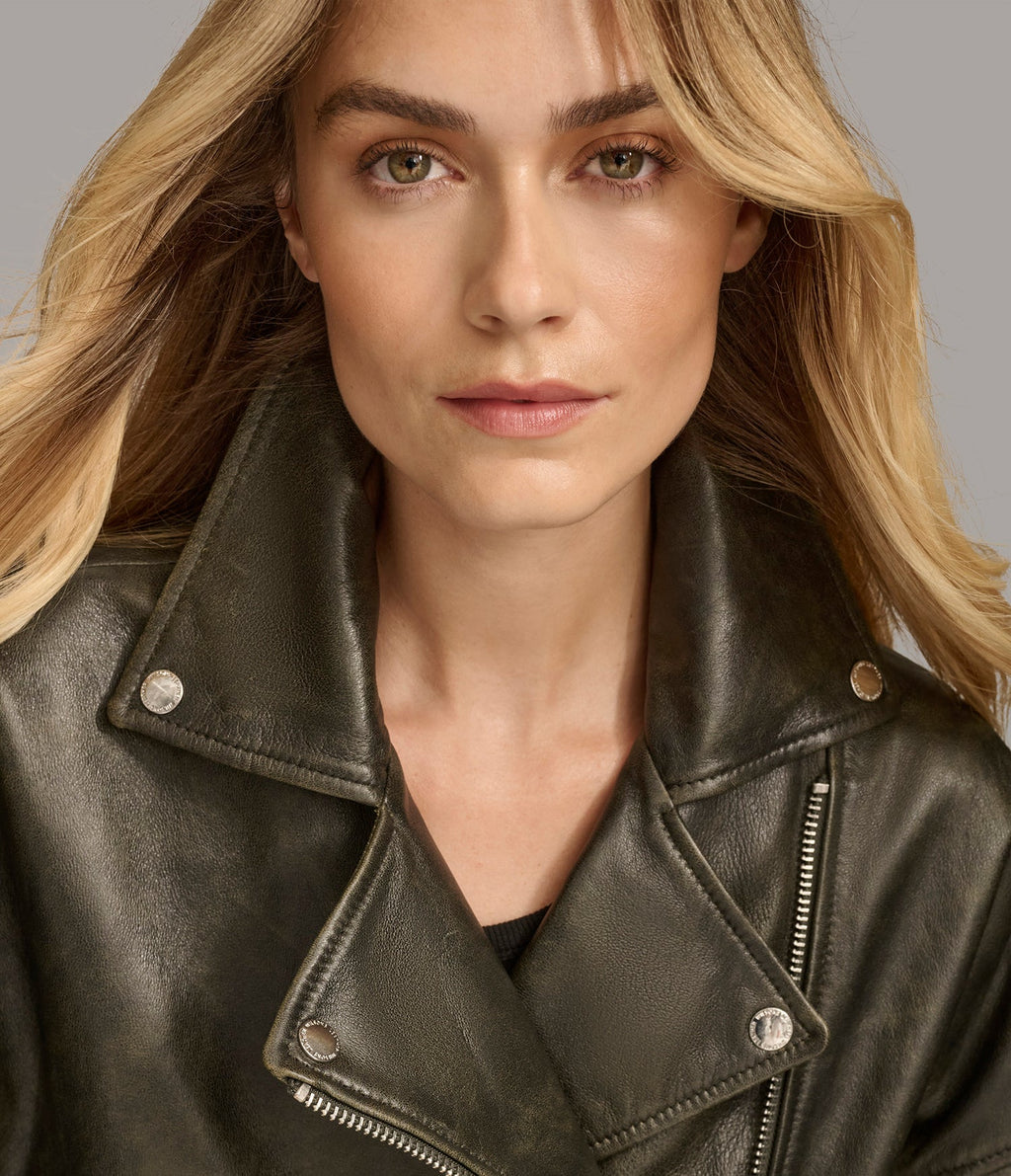 Olive Cropped Biker Leather Jacked