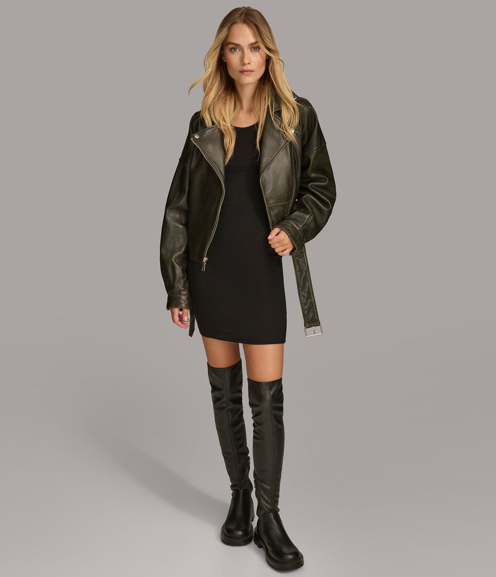 Olive Cropped Biker Leather Jacked