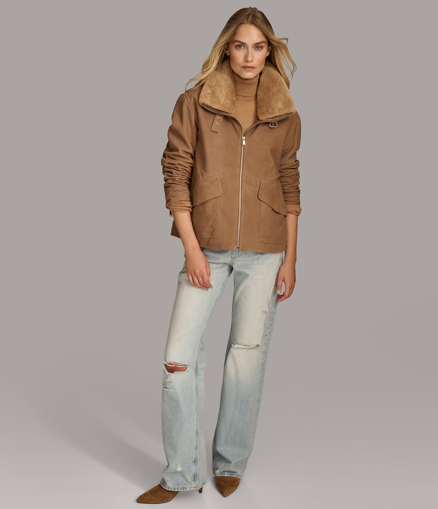 ChestNut Faux Shearling Bomber Leather Jacket