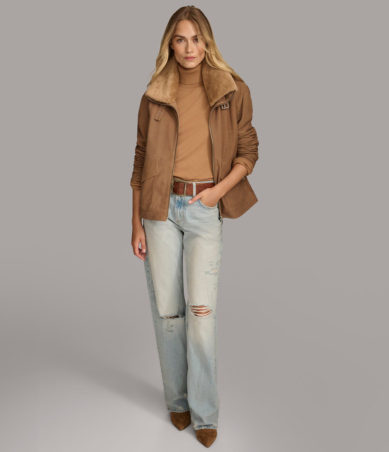 ChestNut Faux Shearling Bomber Leather Jacket