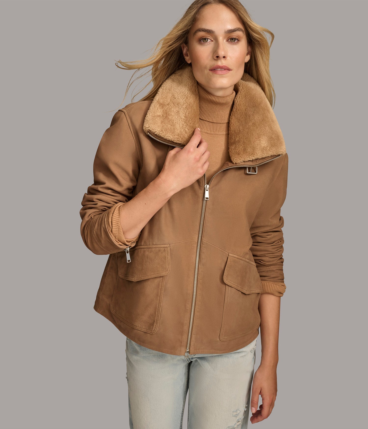 ChestNut Faux Shearling Bomber Leather Jacket