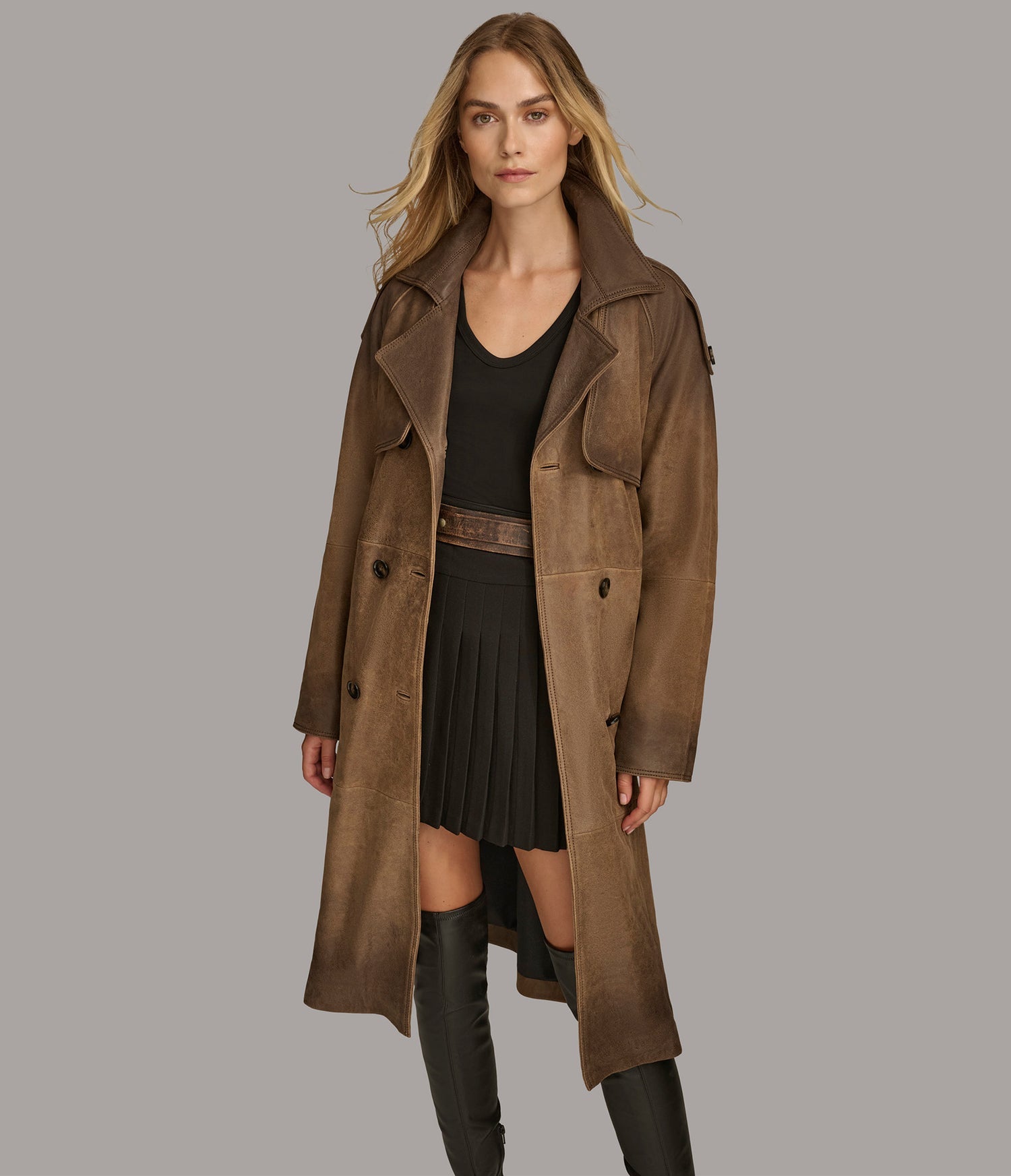 Alora Distressed Long Leather Coat
