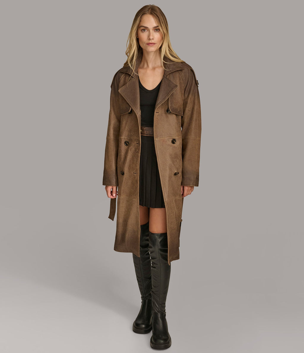 Alora Distressed Long Leather Coat