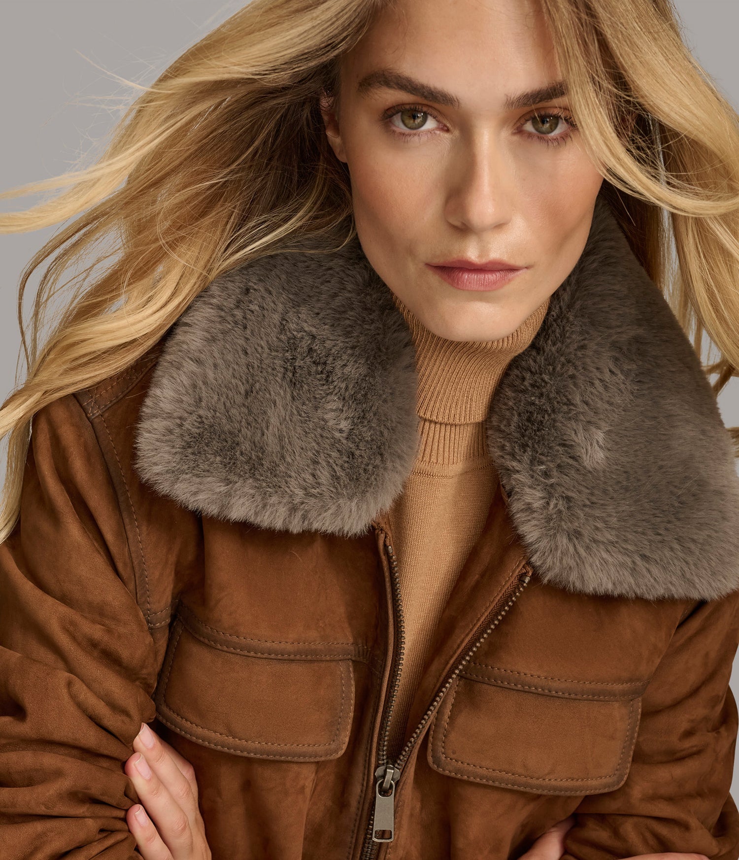 Cognac Faux Fur Bomber Leather Jacket