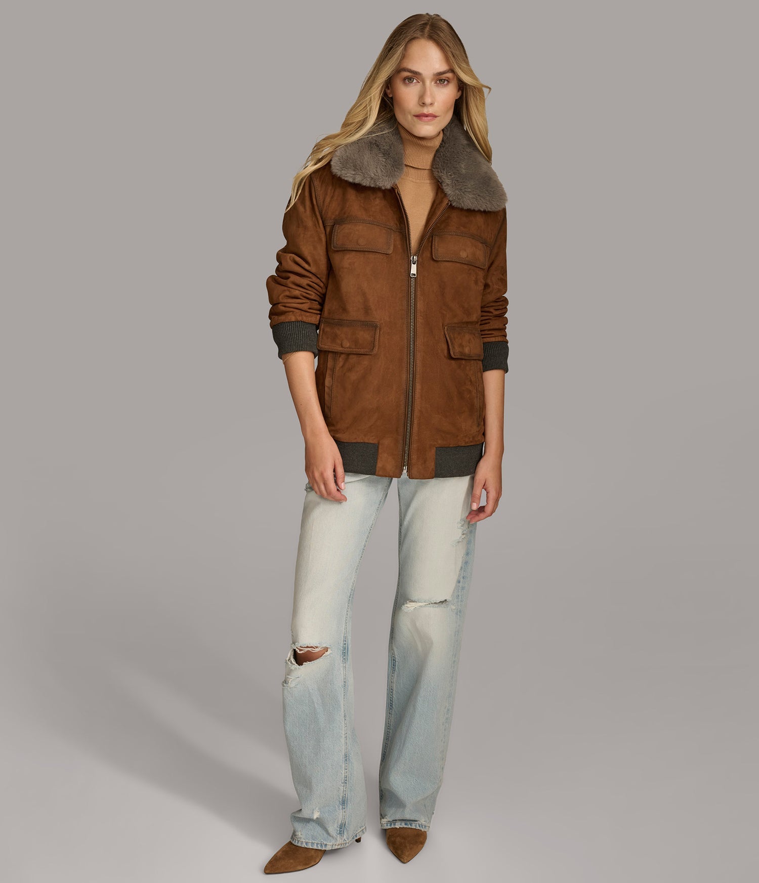 Cognac Faux Fur Bomber Leather Jacket