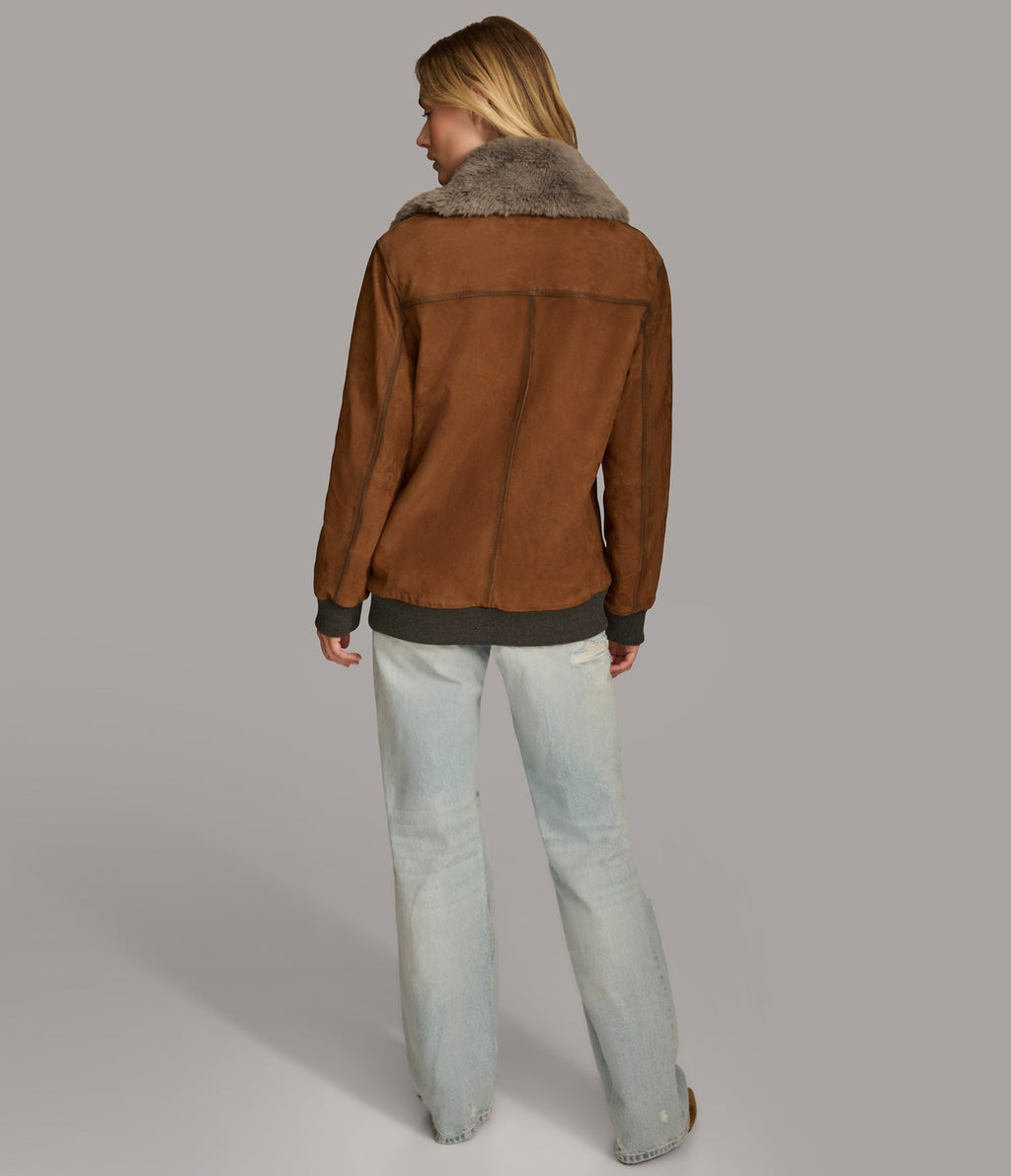 Cognac Faux Fur Bomber Leather Jacket