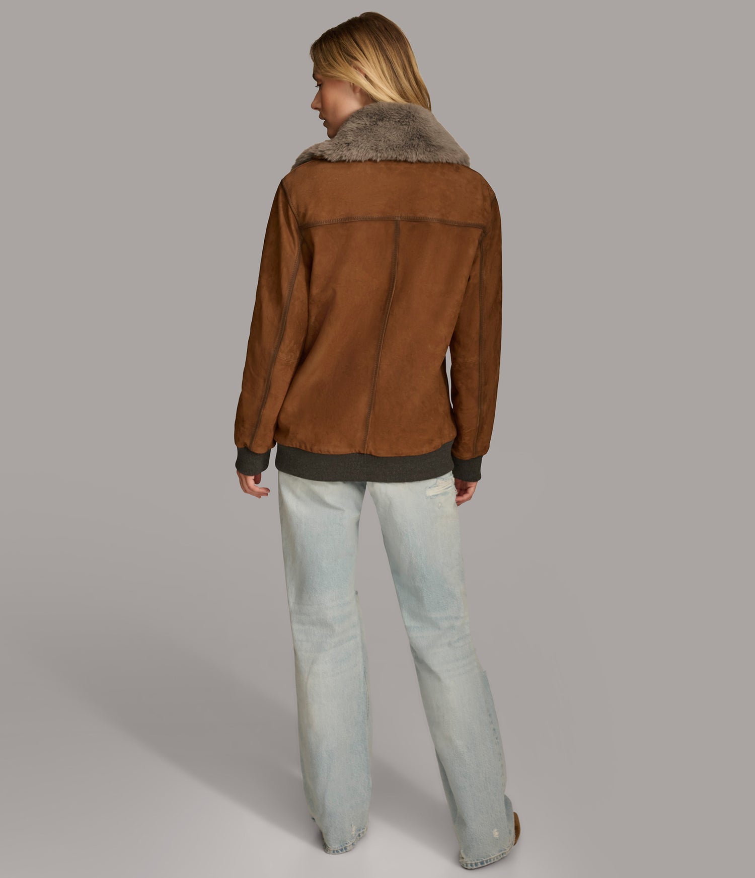 Cognac Faux Fur Bomber Leather Jacket