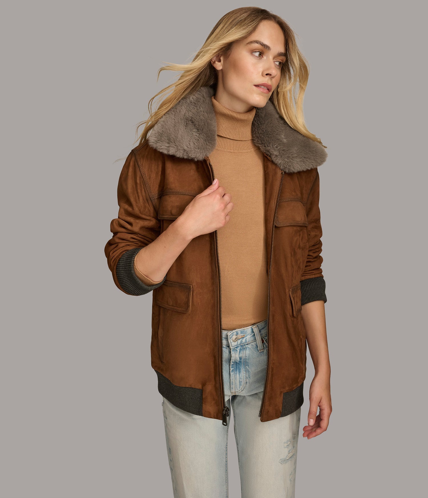 Cognac Faux Fur Bomber Leather Jacket