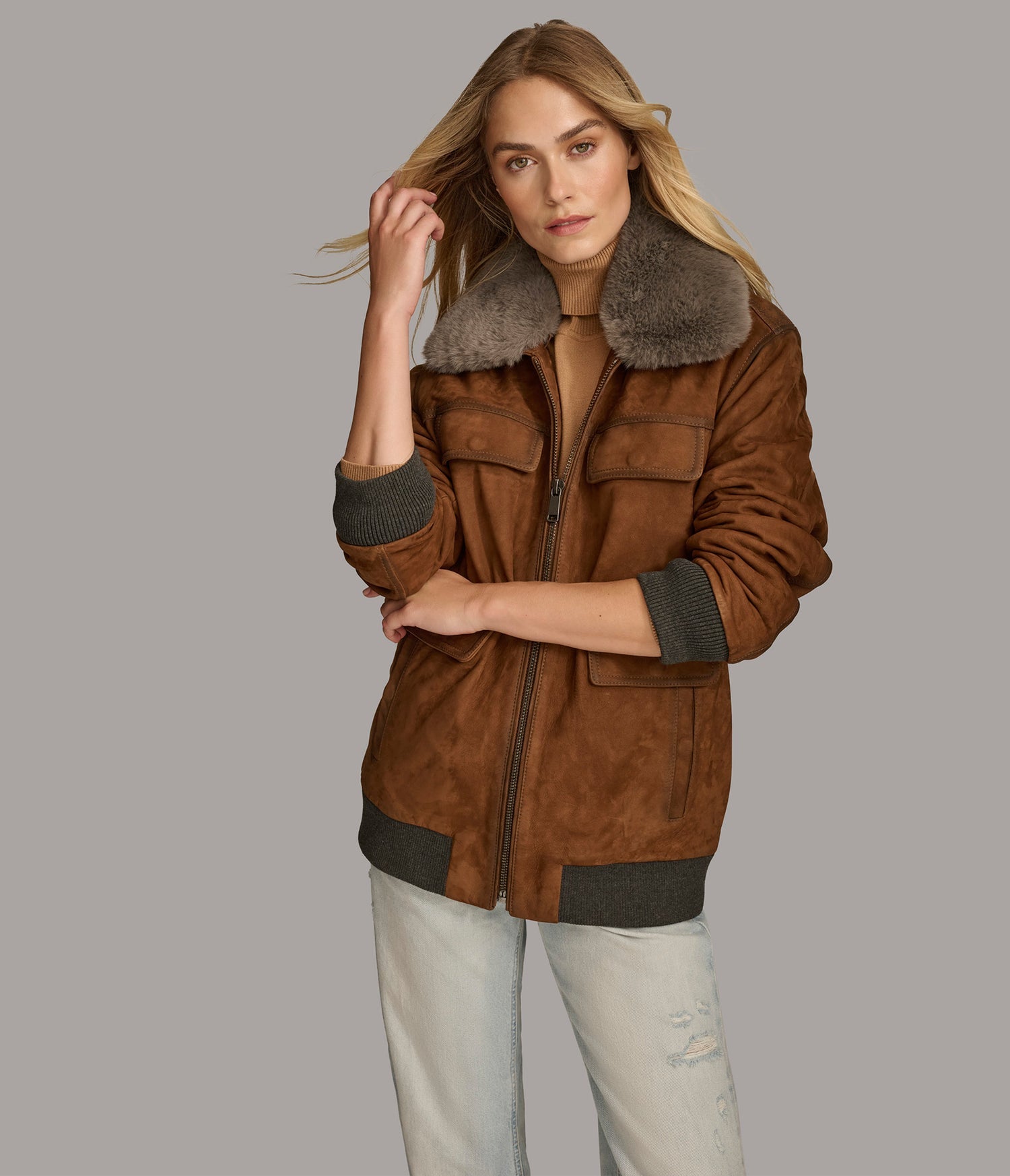 Cognac Faux Fur Bomber Leather Jacket