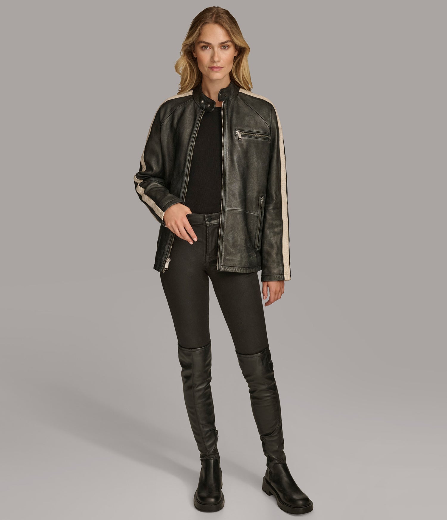 Oversized Stripped Moto Leather Jacket