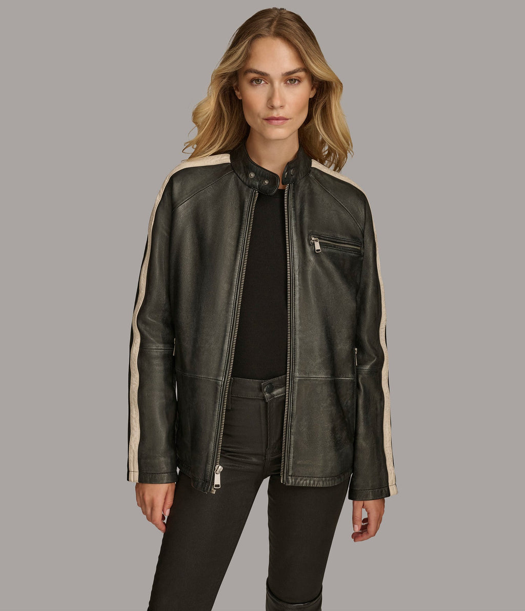 Oversized Stripped Moto Leather Jacket