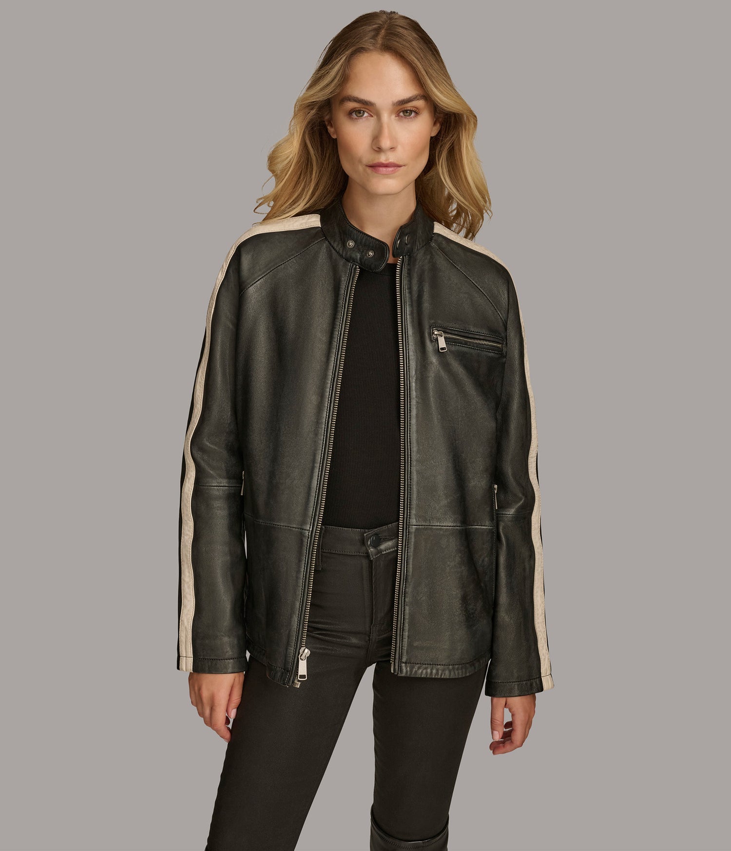 Oversized Stripped Moto Leather Jacket