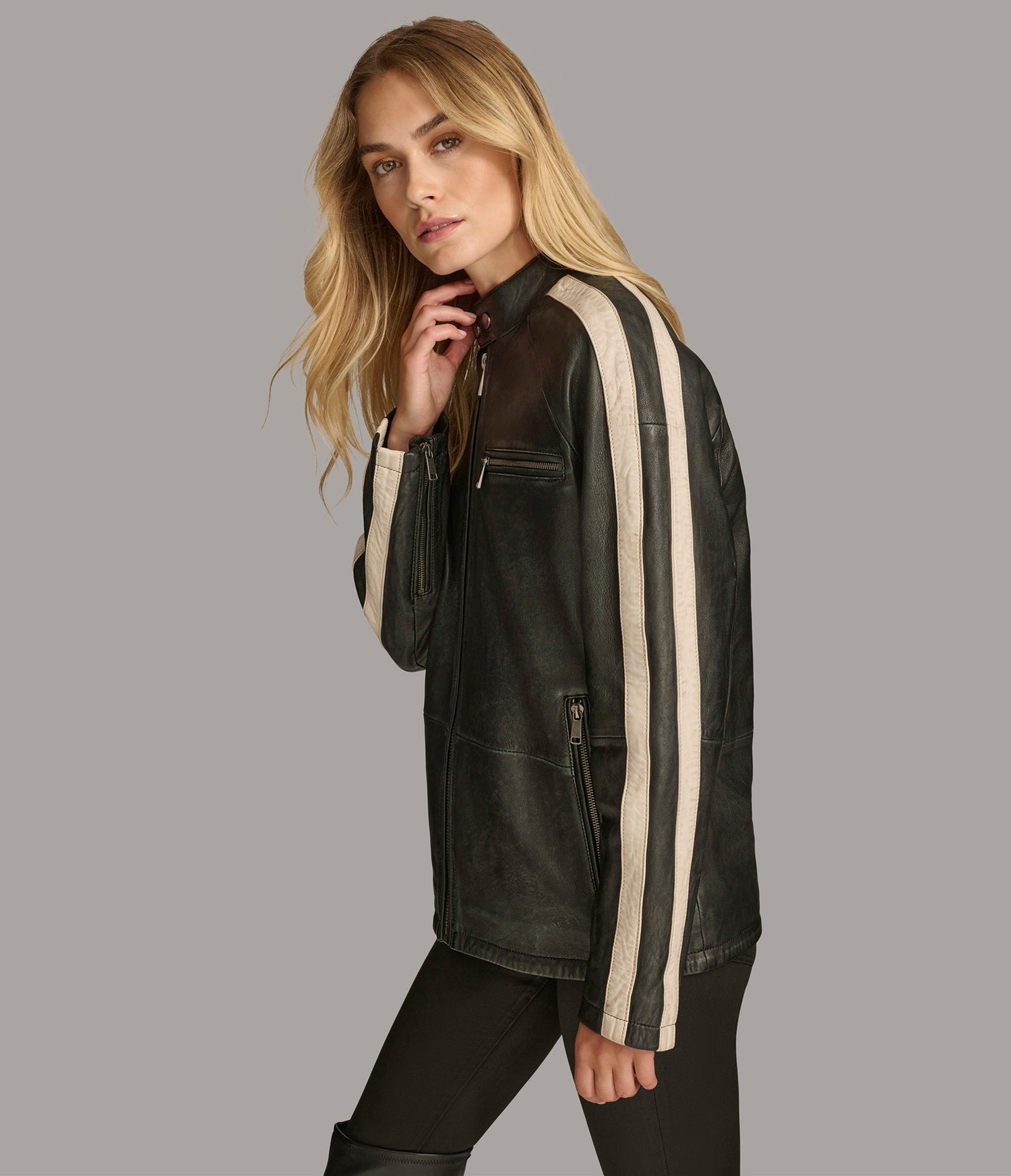 Oversized Stripped Moto Leather Jacket