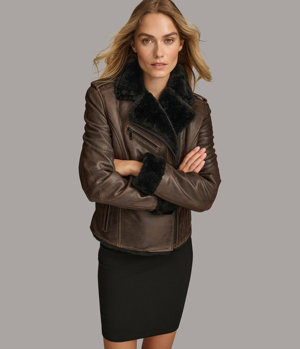 Maria Faux Shearling  Moto Leather Jacket