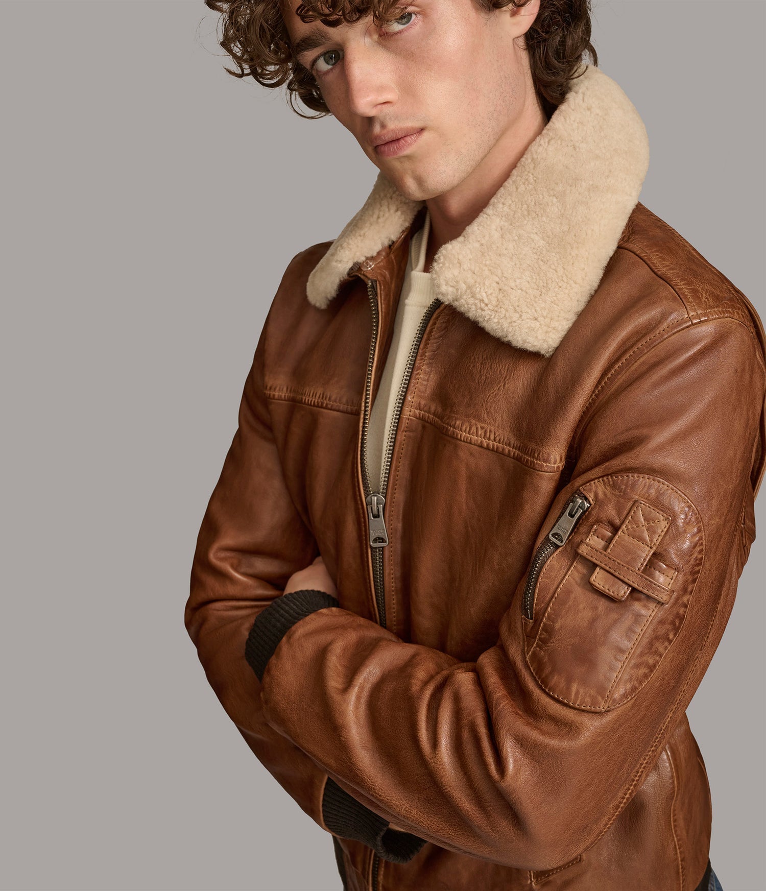 Ace Sherpa Brown Bomber Leather Jacket
