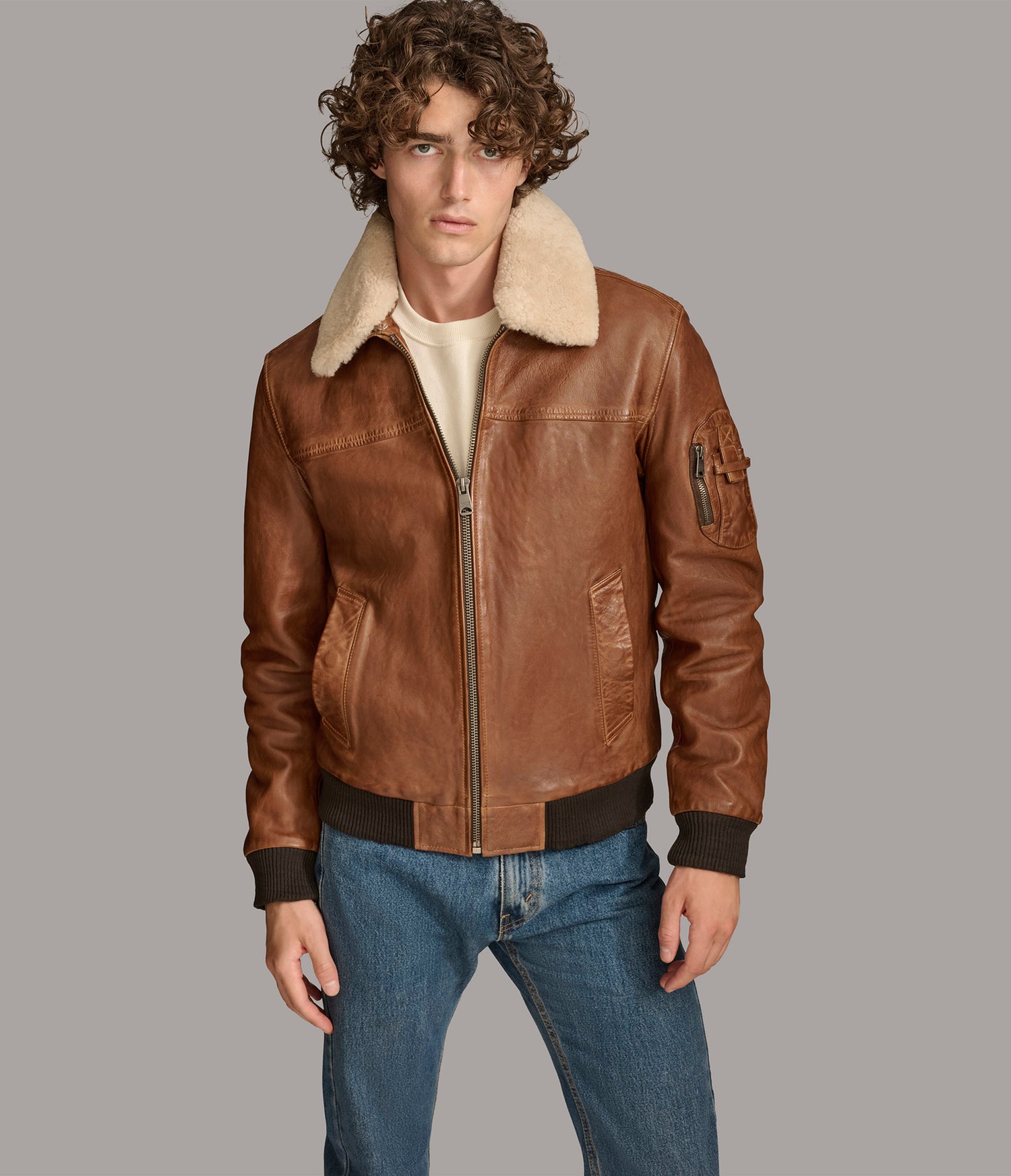 Ace Sherpa Brown Bomber Leather Jacket