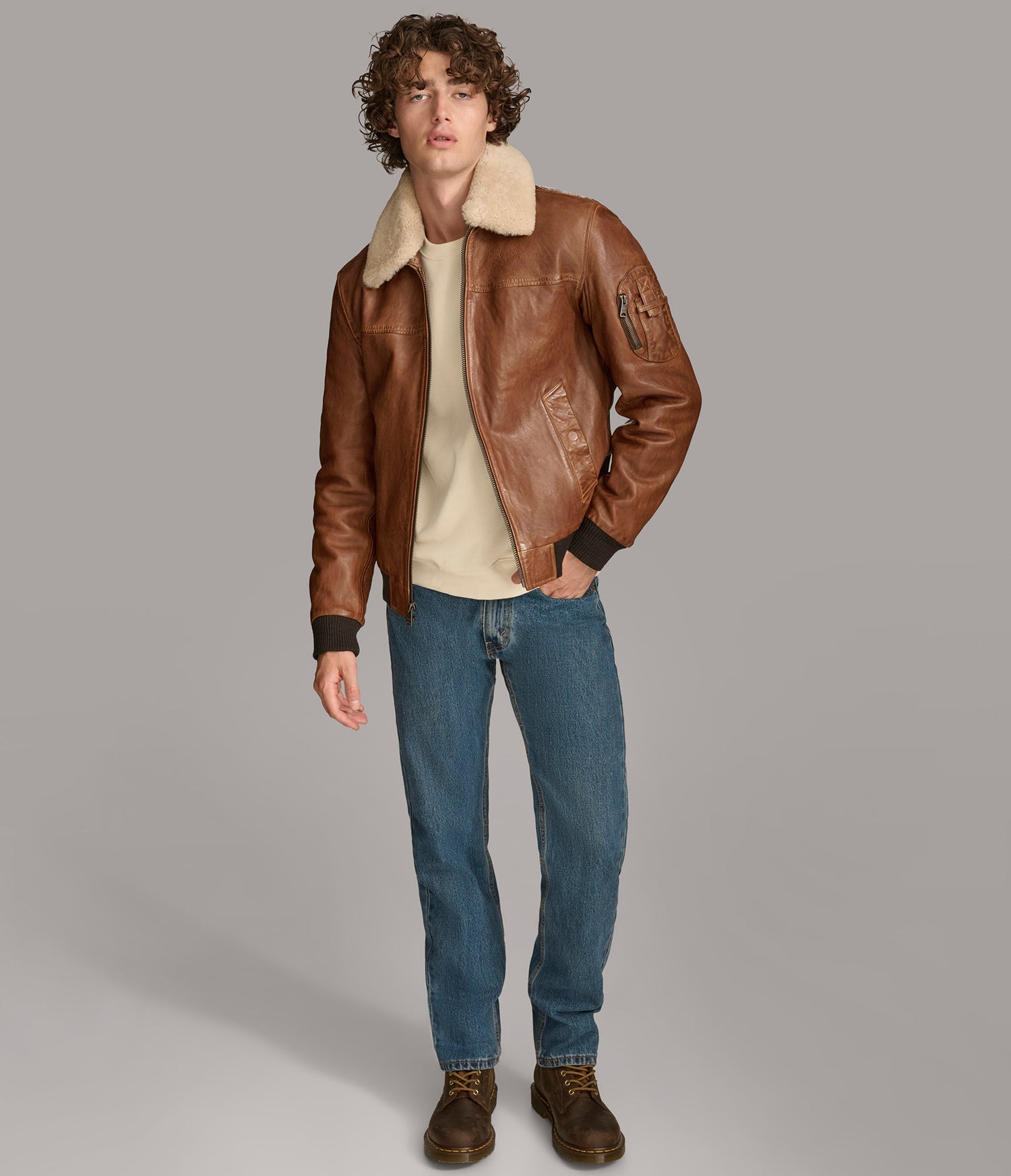 Ace Sherpa Brown Bomber Leather Jacket
