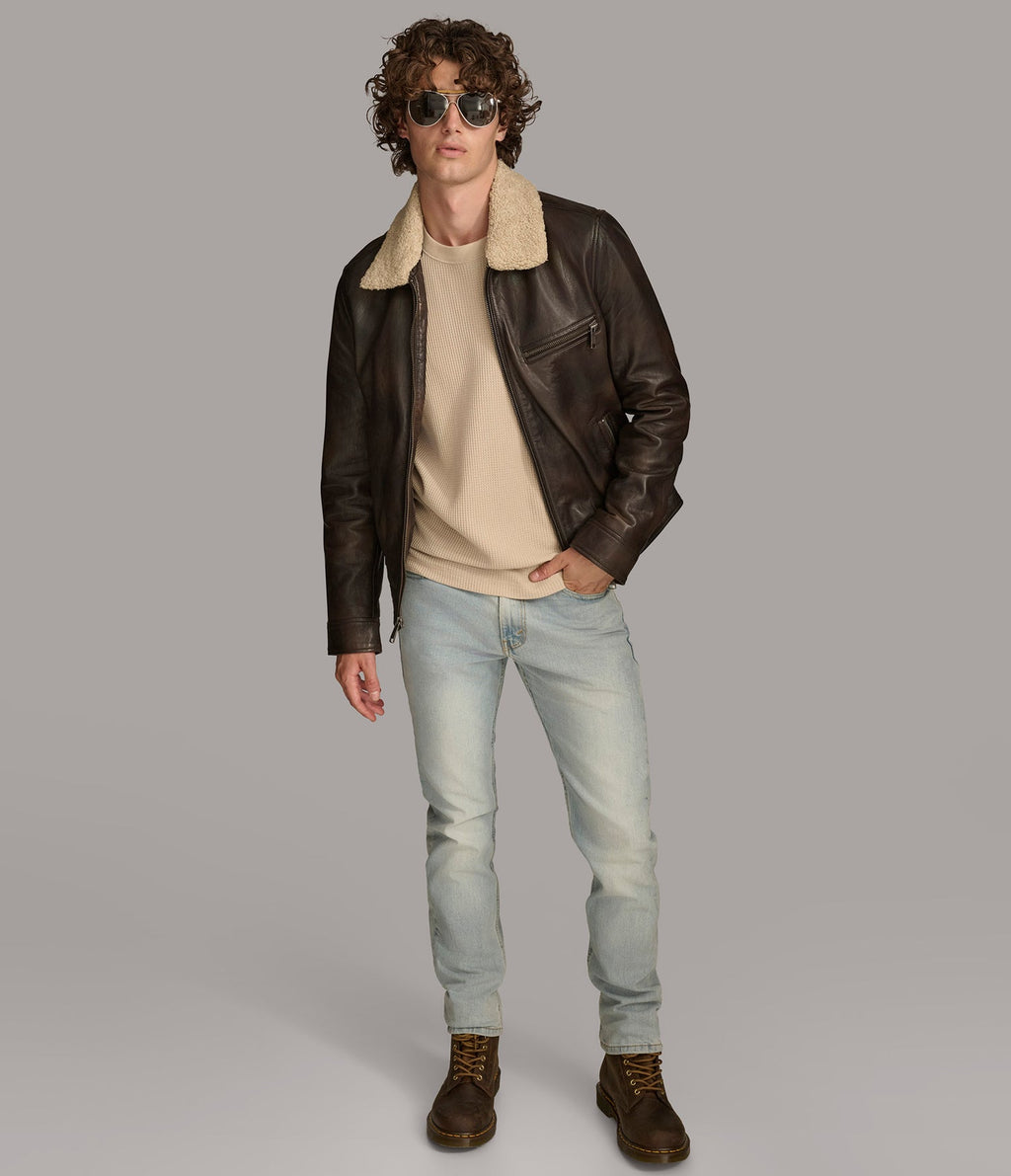 Zip Up shirt Collar Leather Jacket