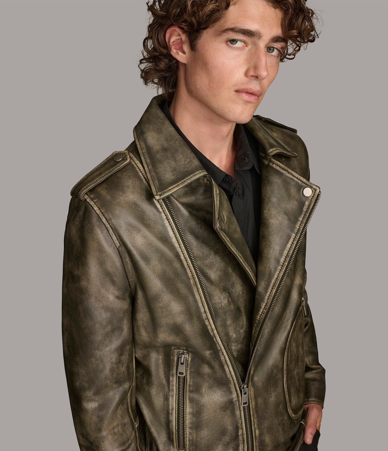 Olive Grey Biker Leather Jacket