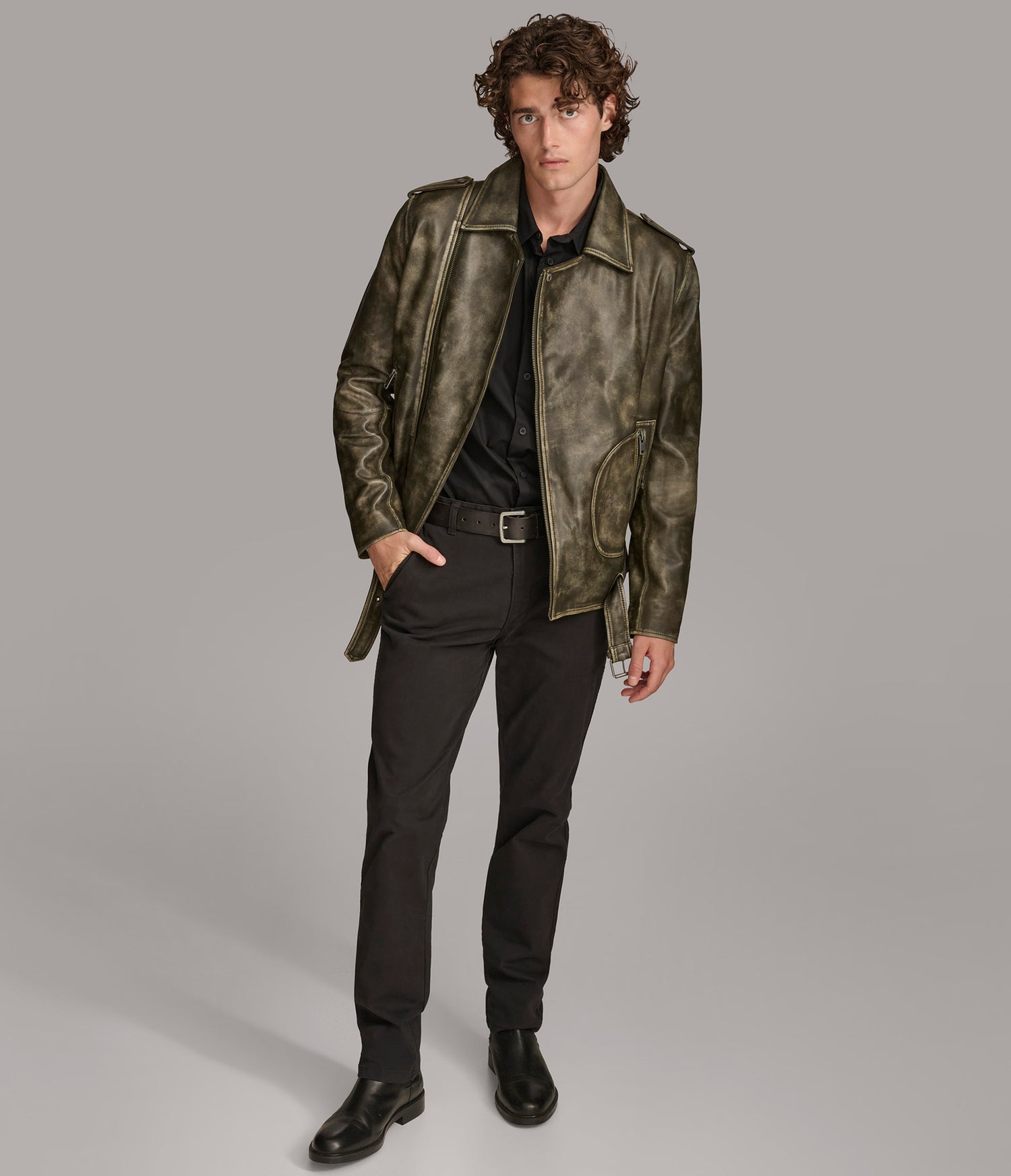 Olive Grey Biker Leather Jacket