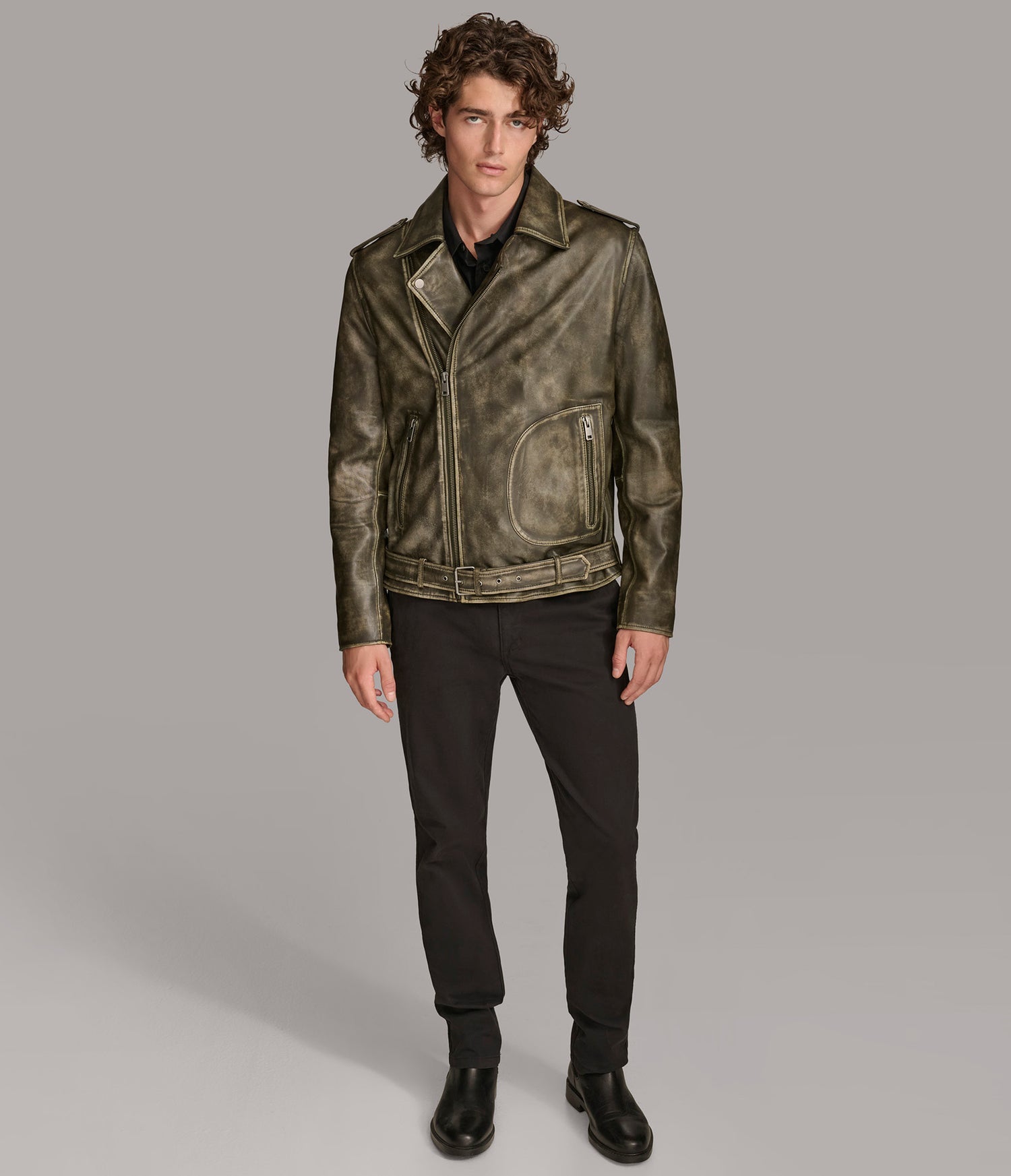 Olive Grey Biker Leather Jacket