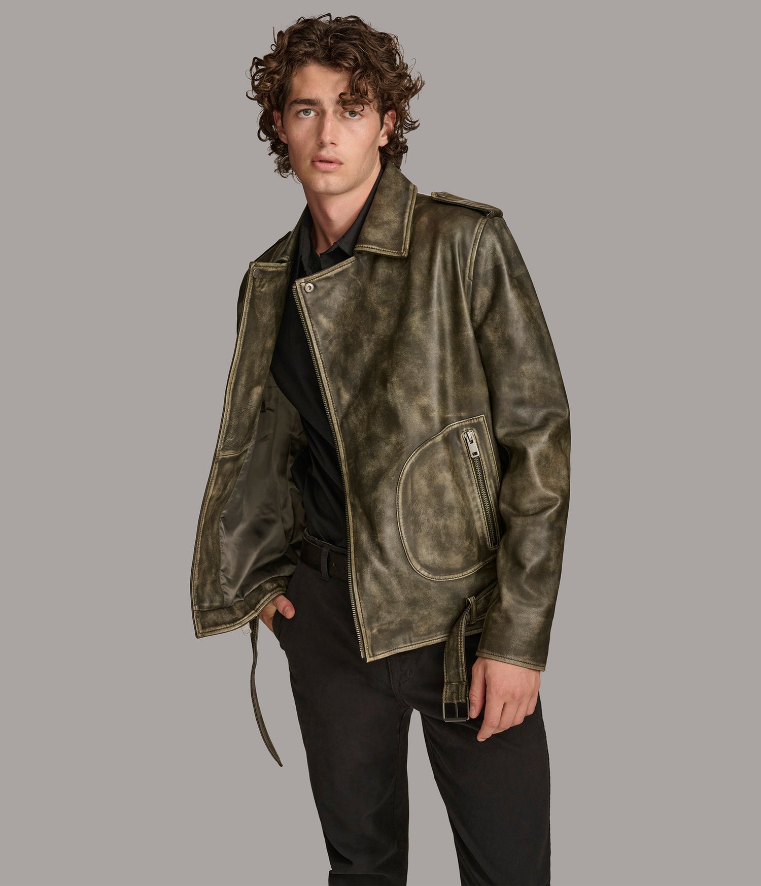 Olive Grey Biker Leather Jacket