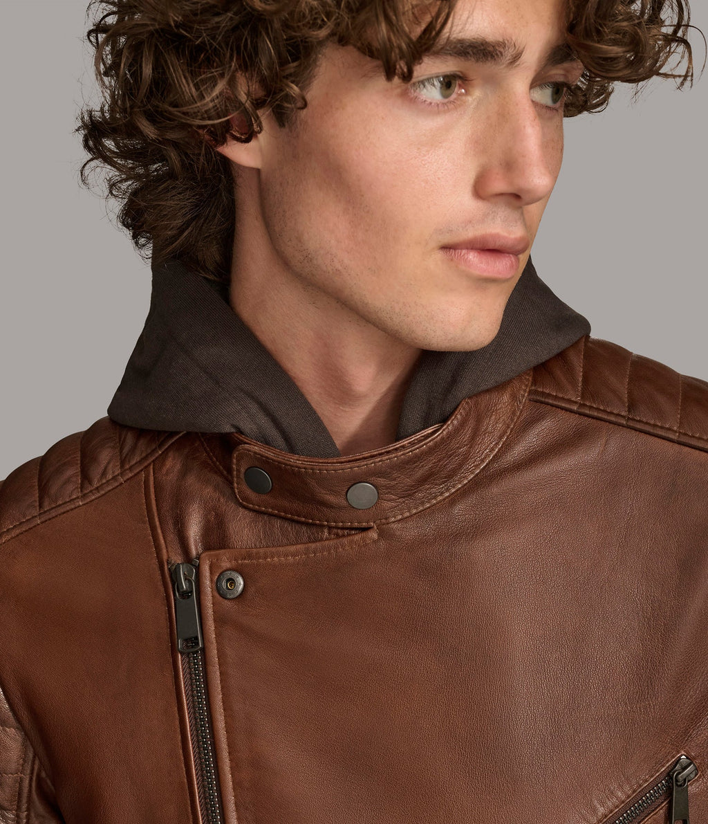 Zip Up Hooded Moto Leather Jacket
