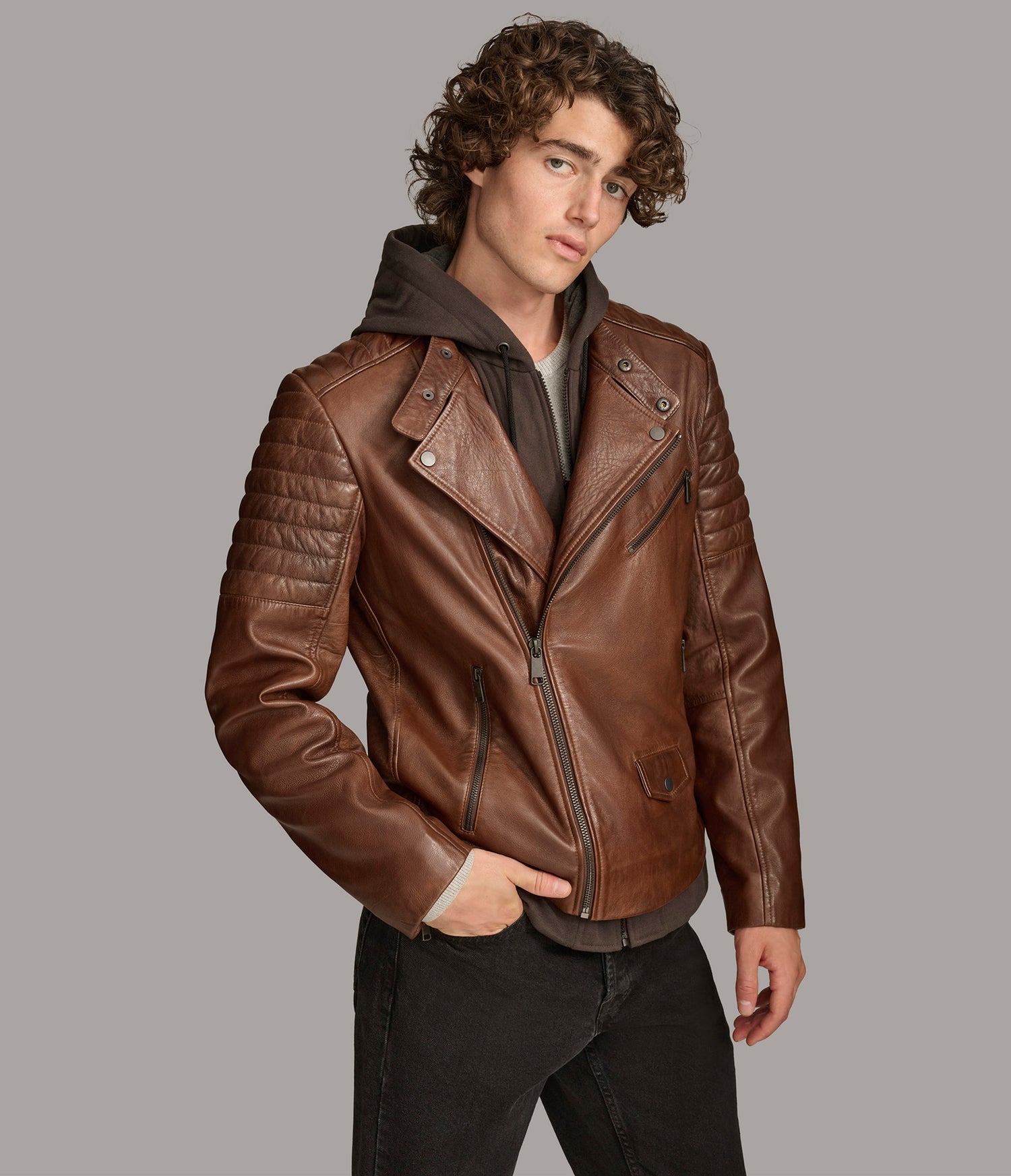 Zip Up Hooded Moto Leather Jacket
