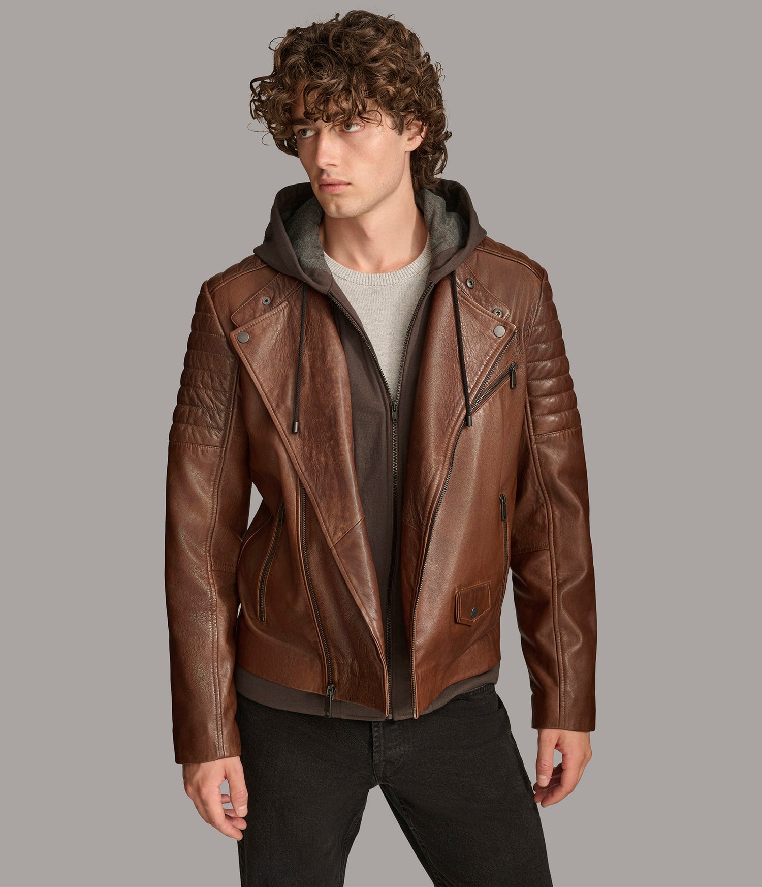 Zip Up Hooded Moto Leather Jacket