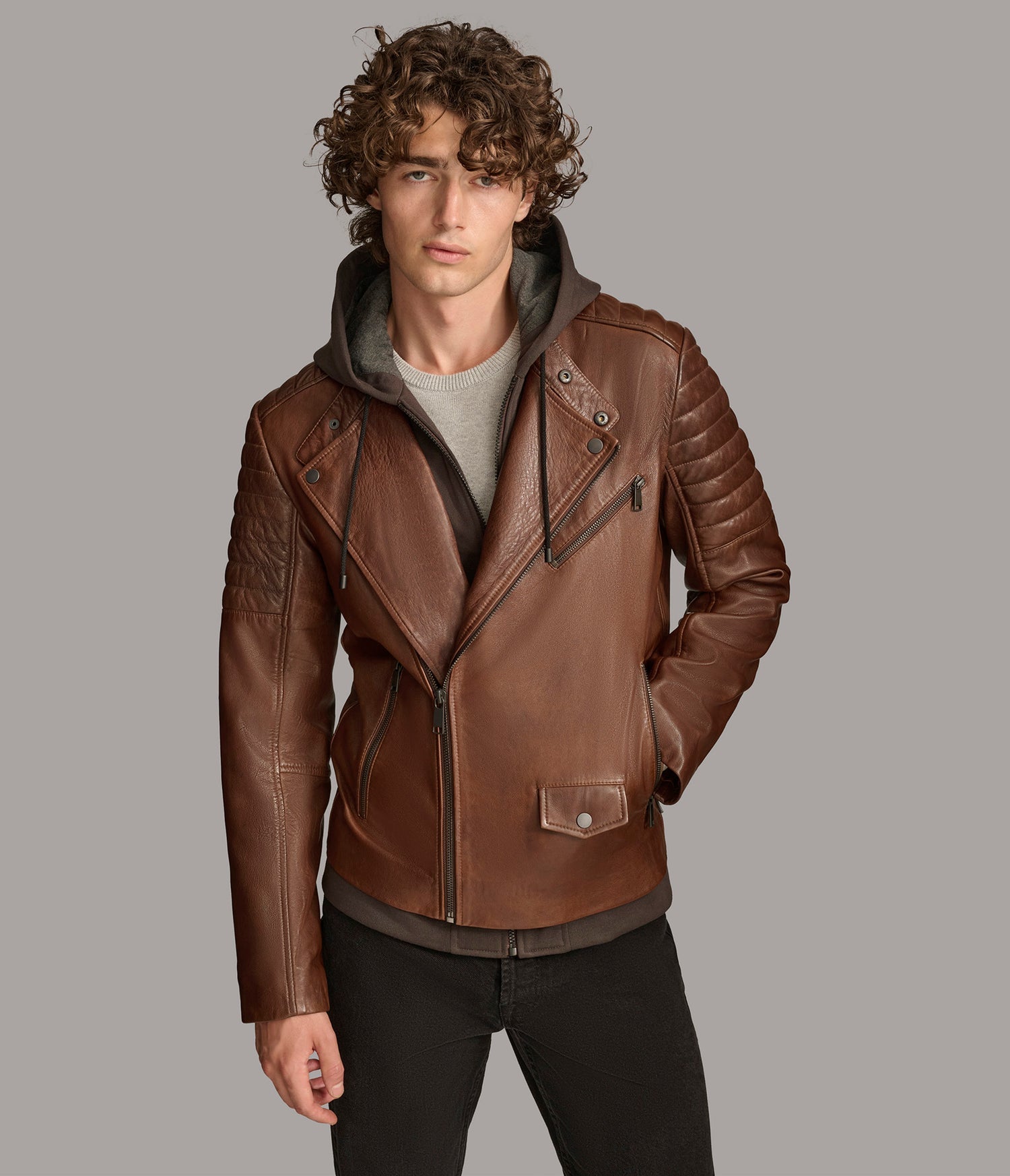 Zip Up Hooded Moto Leather Jacket