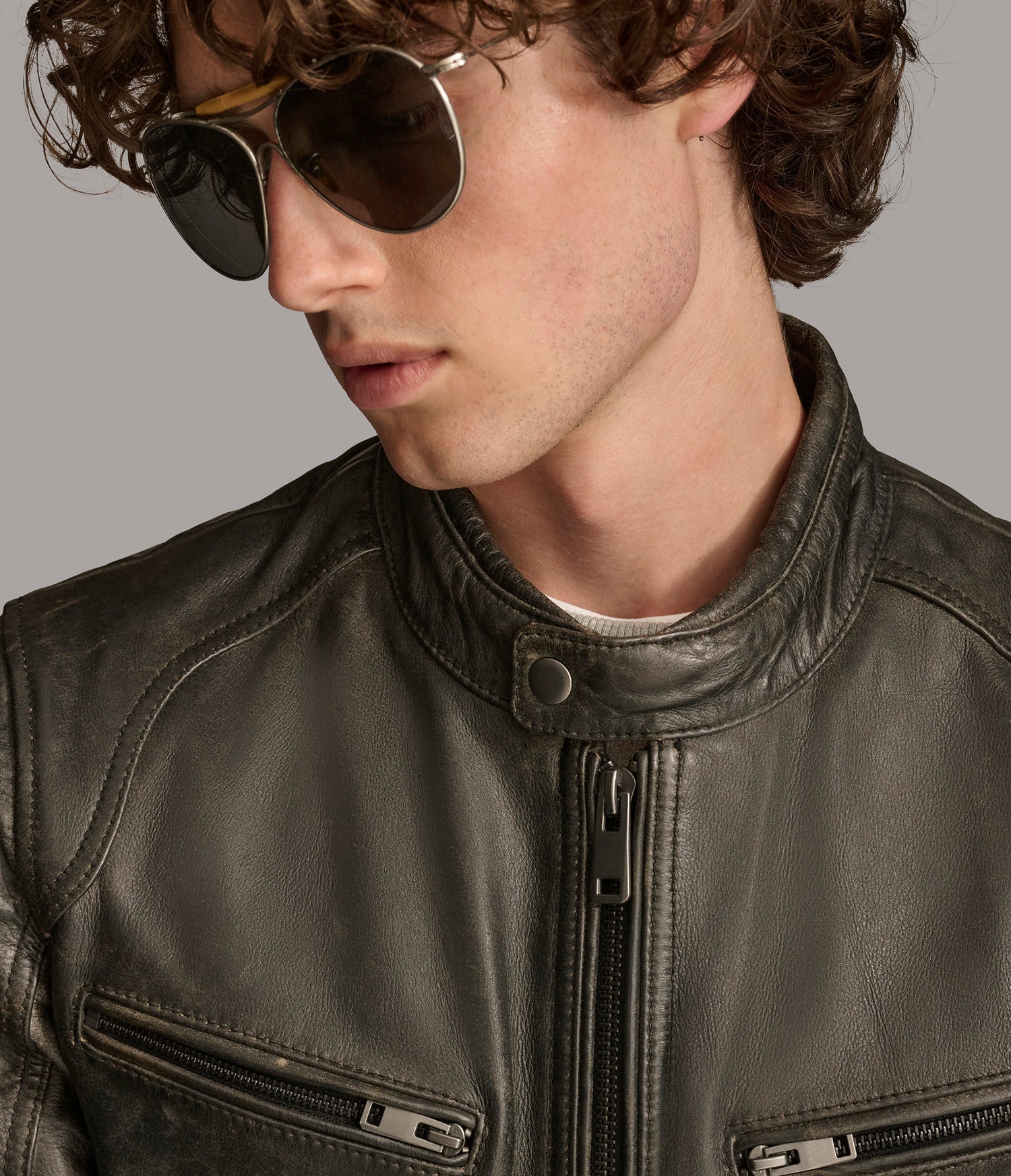 Black Biege Moto Leather Jacket