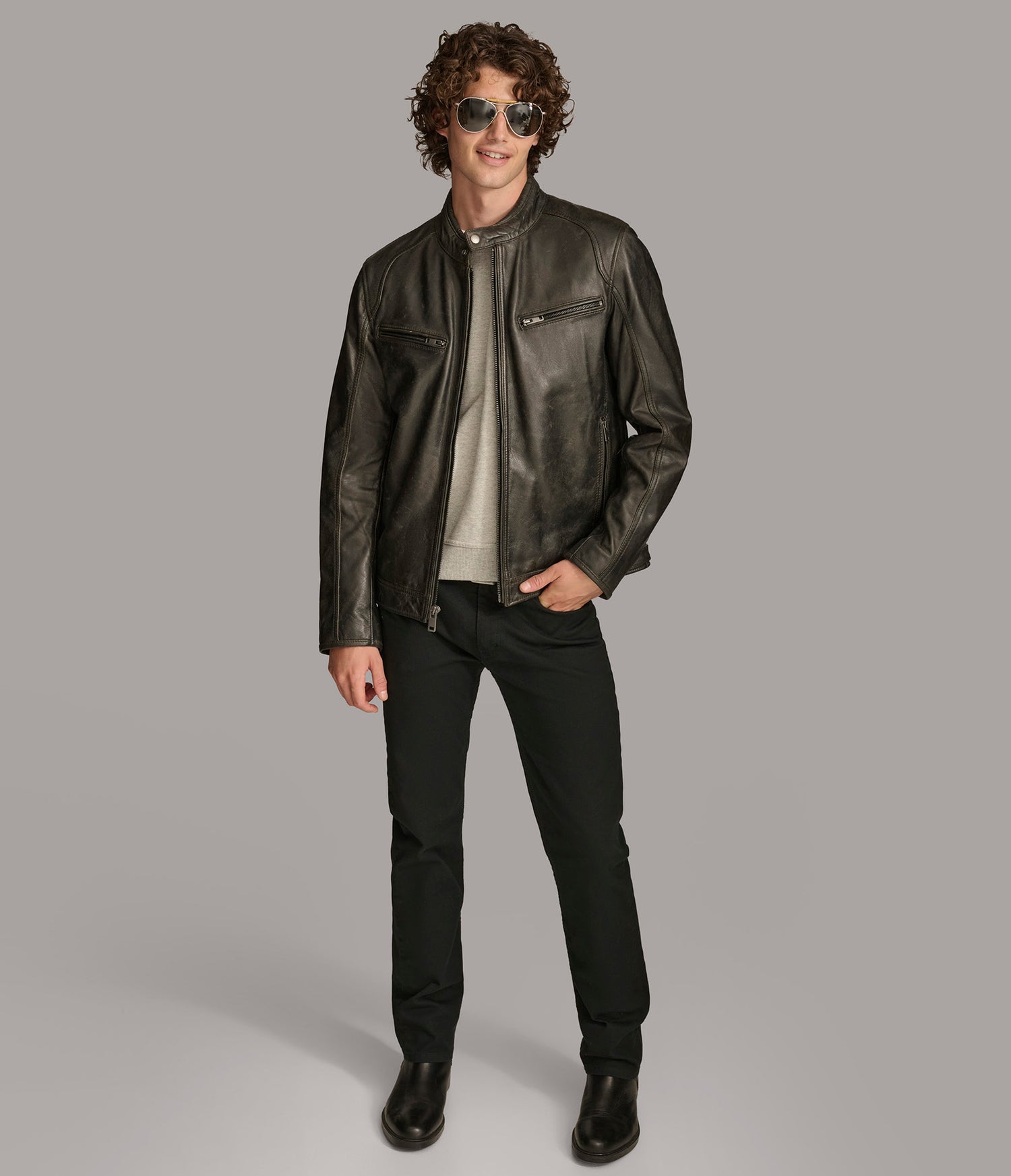 Black Biege Moto Leather Jacket