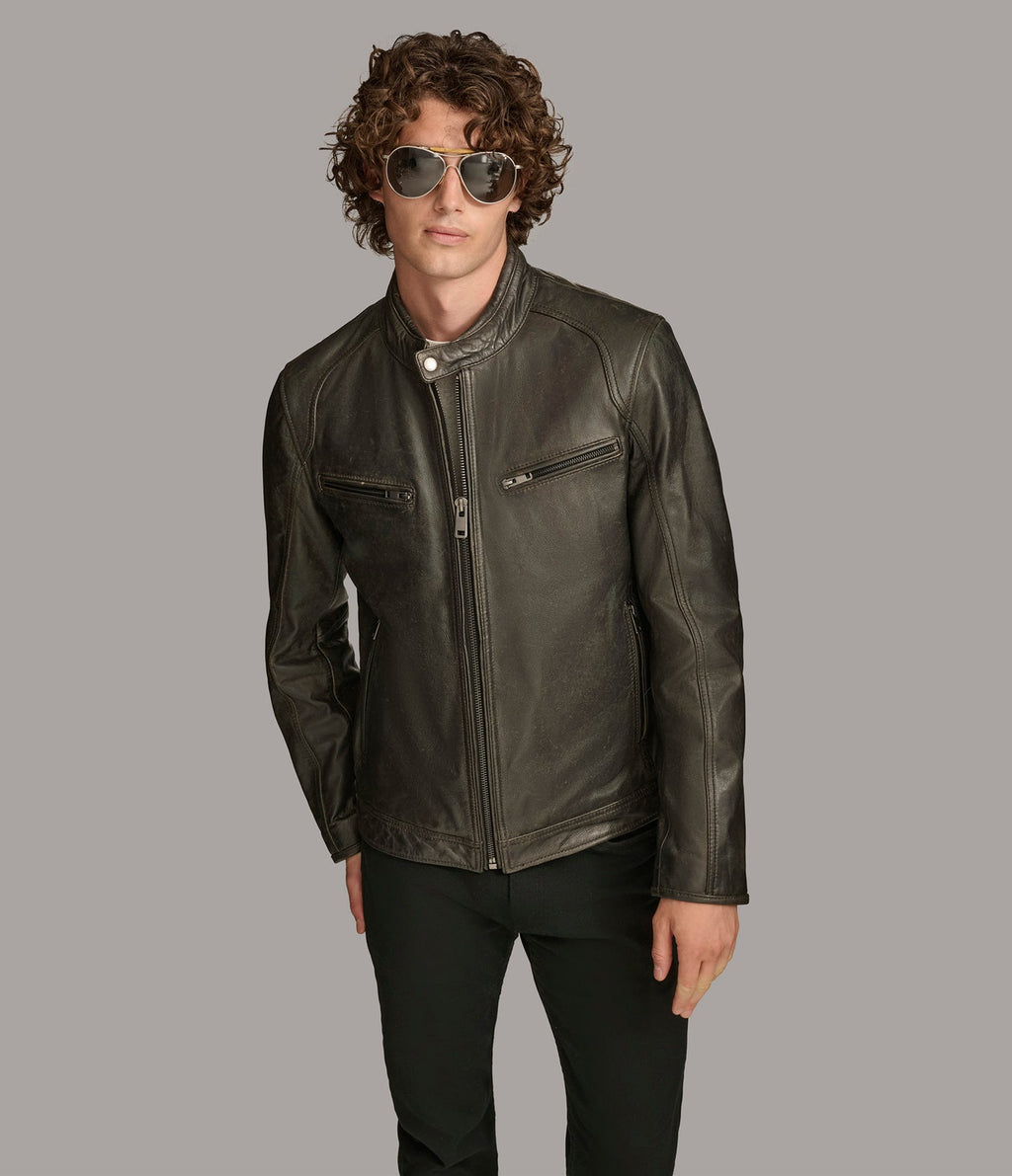 Black Biege Moto Leather Jacket