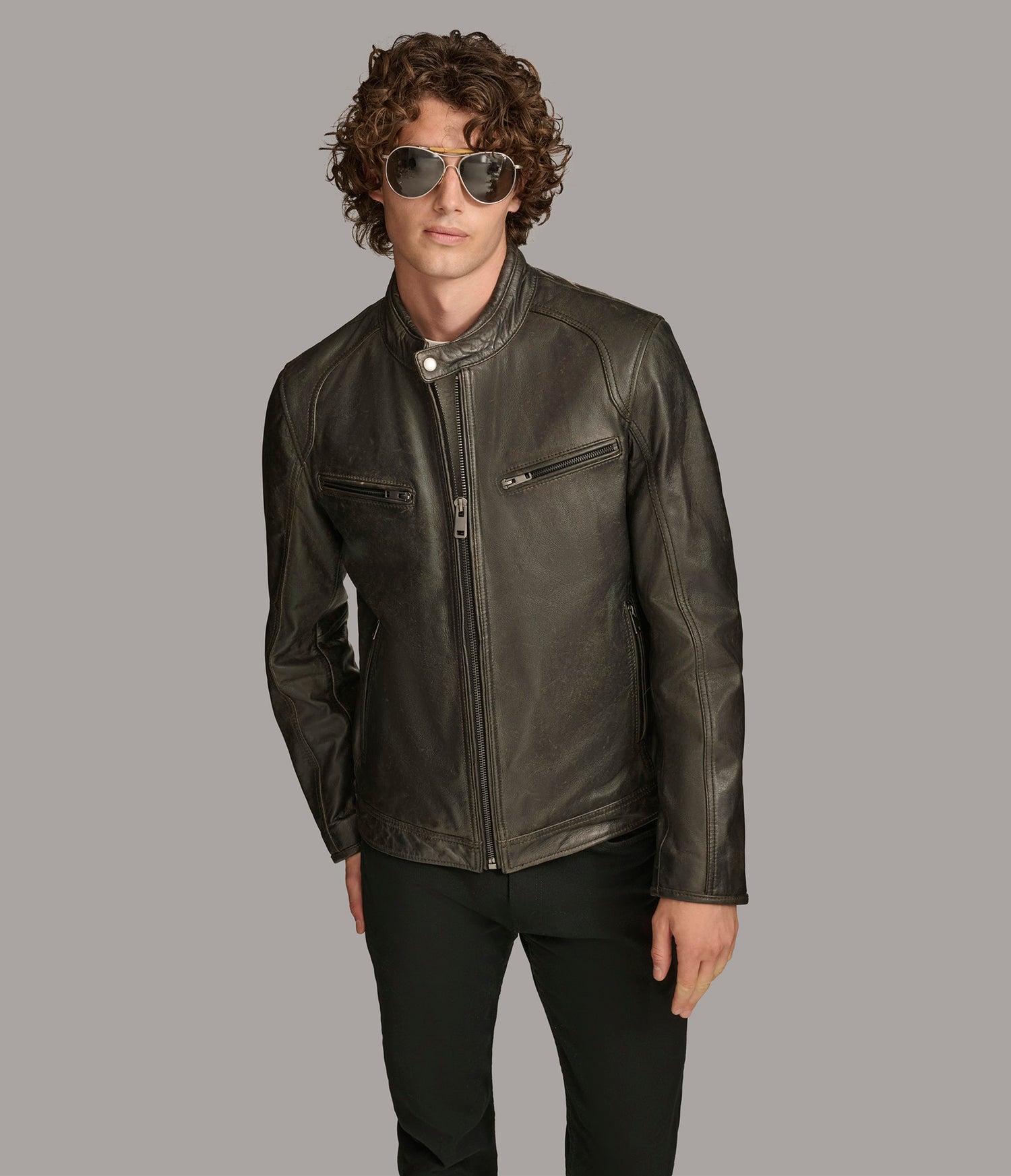 Black Biege Moto Leather Jacket