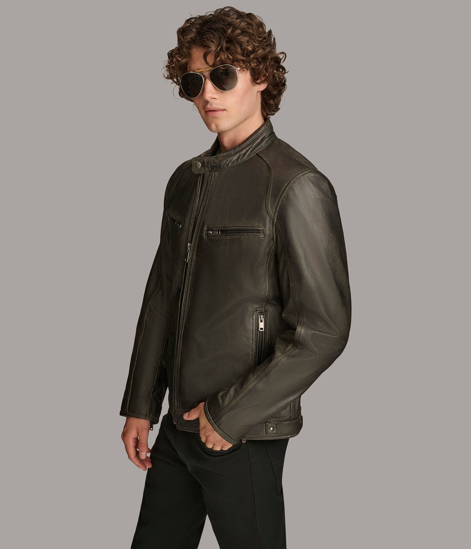 Black Biege Moto Leather Jacket