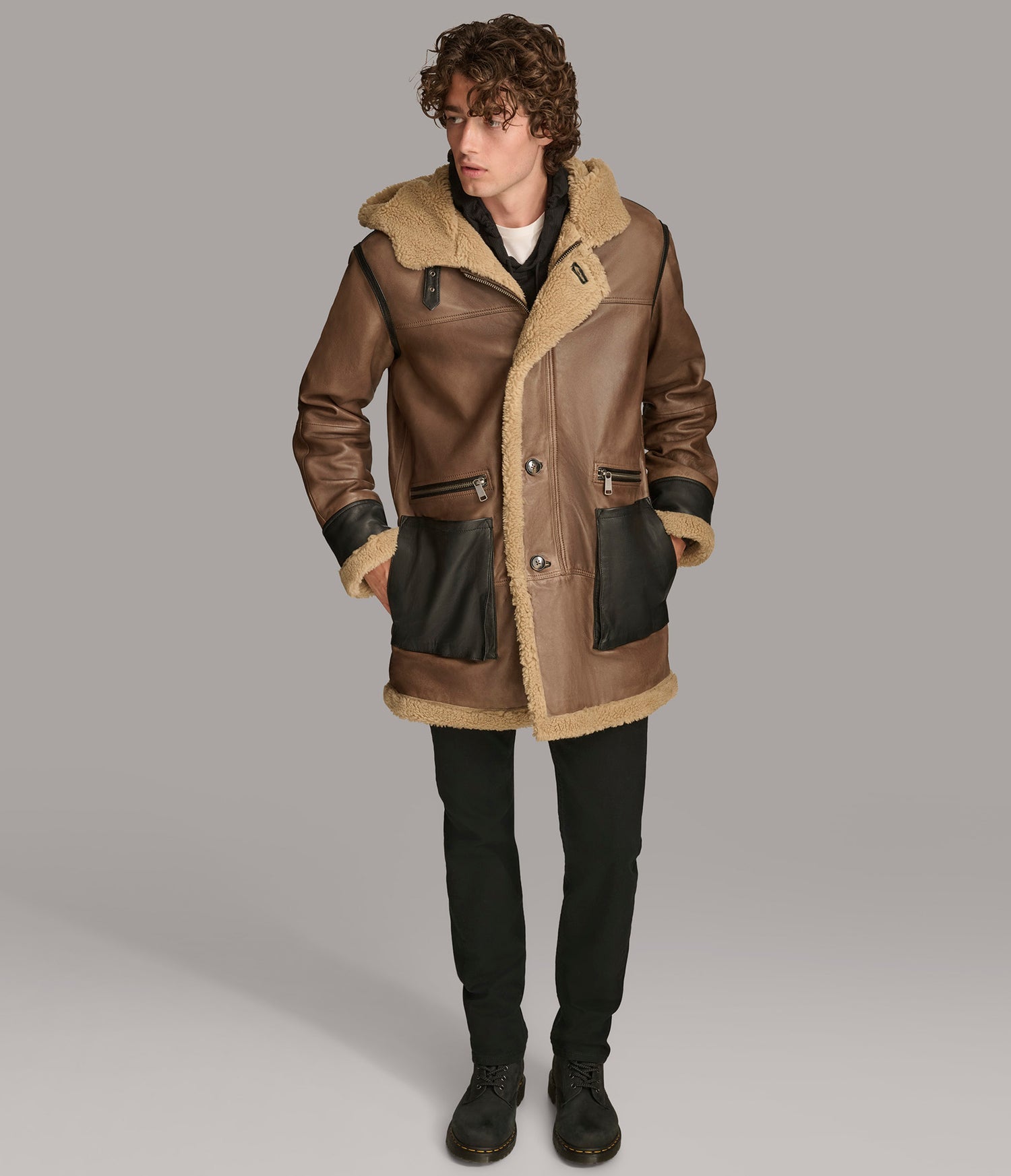 Brown Faux Shearling Leather Coat