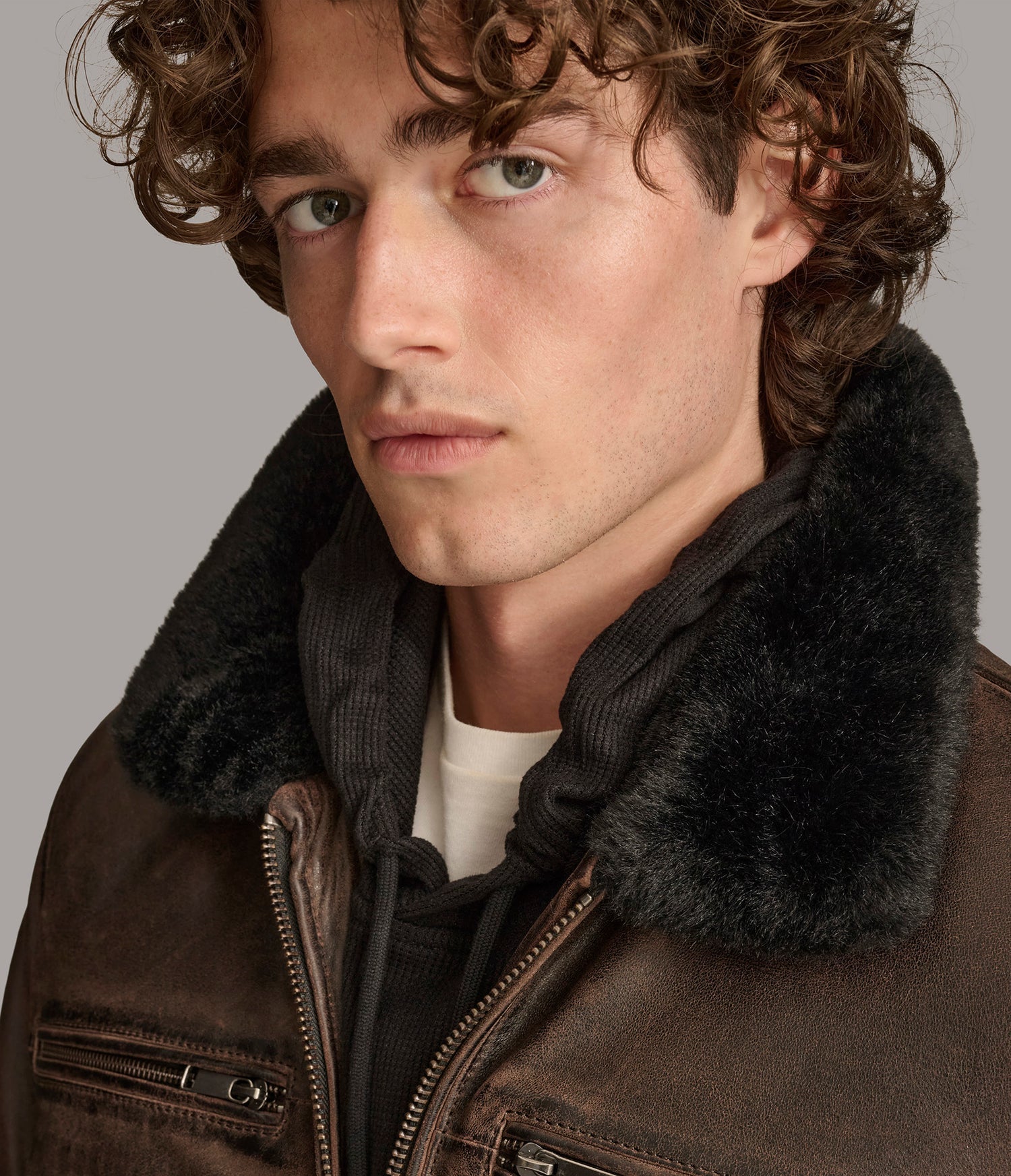 Faux Shearling Brown Bomber Leather Jacket