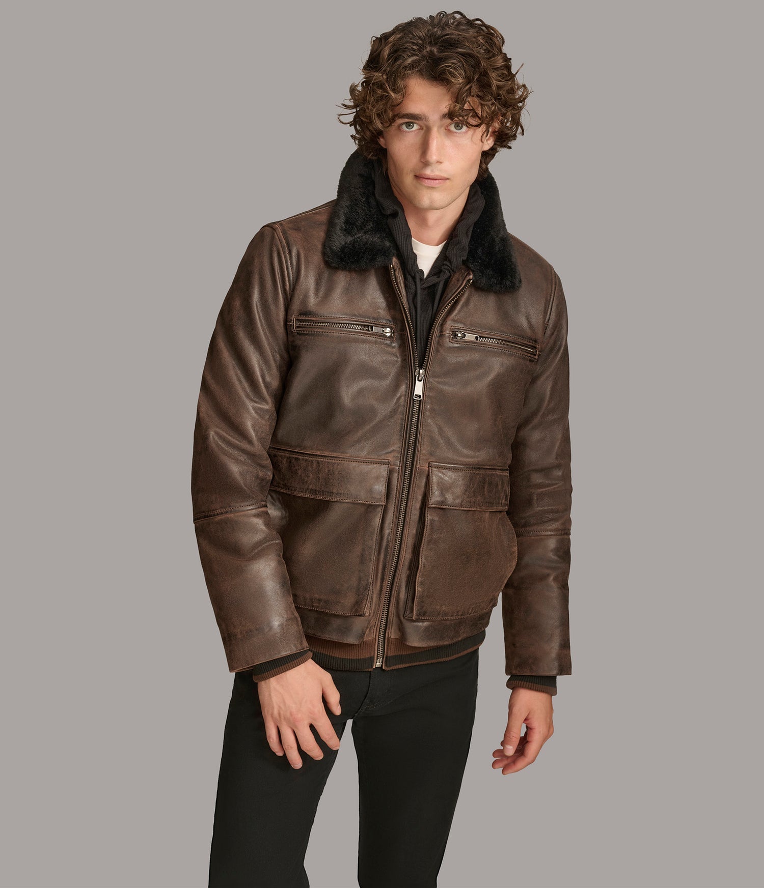 Faux Shearling Brown Bomber Leather Jacket
