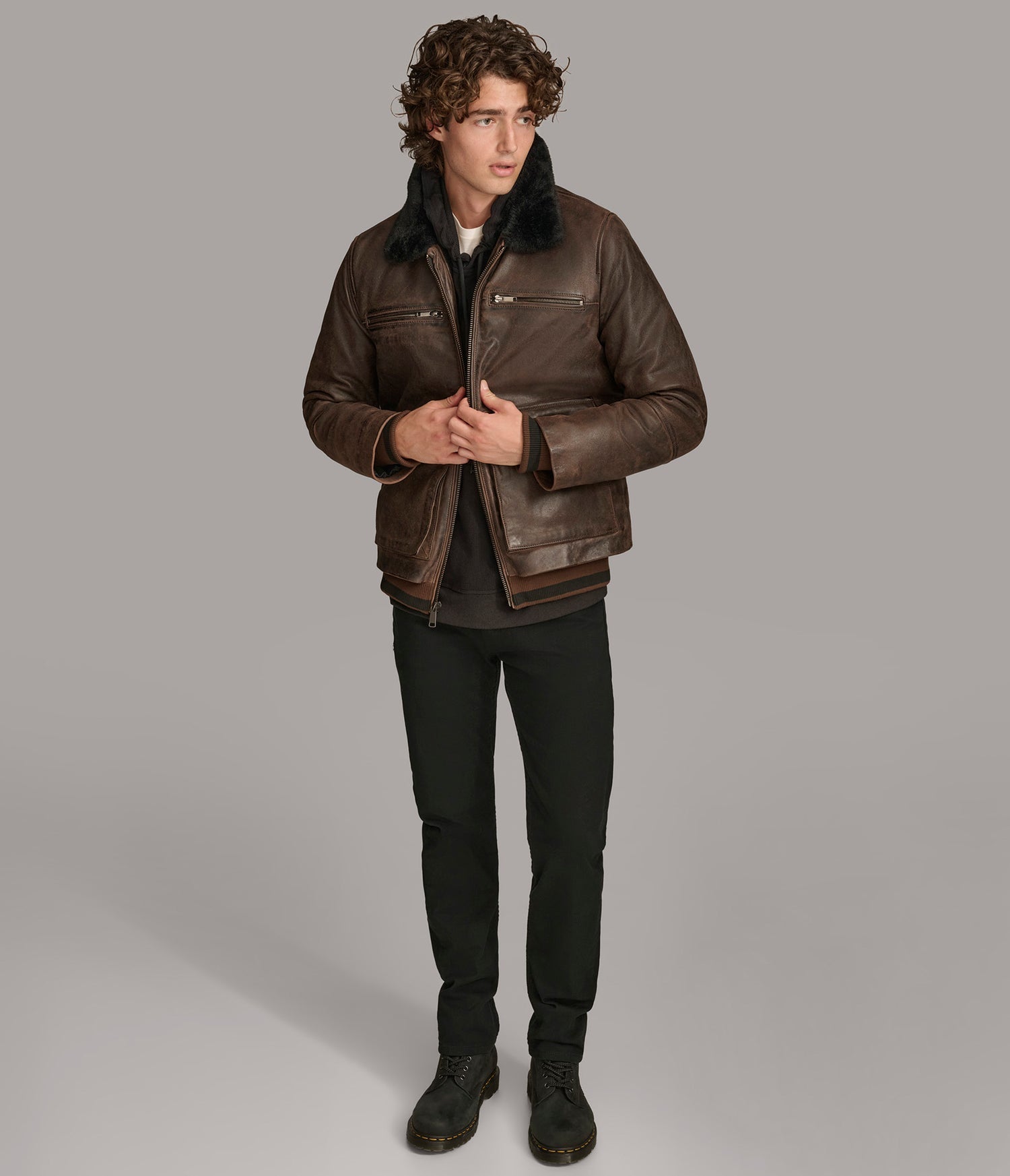Faux Shearling Brown Bomber Leather Jacket