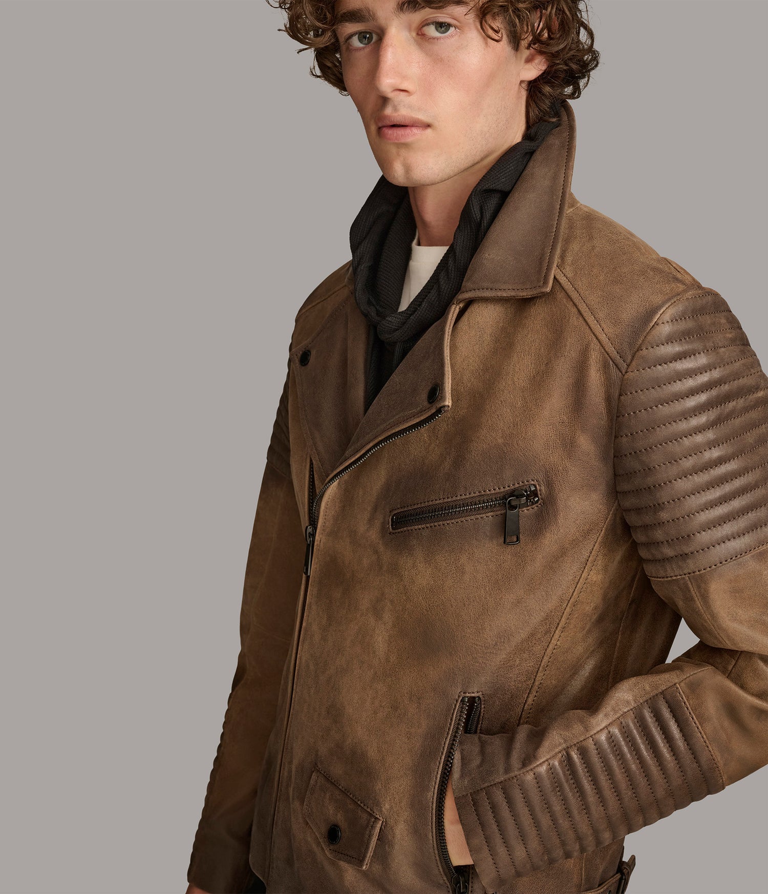 Padded Cognac Moto Leather Jacket