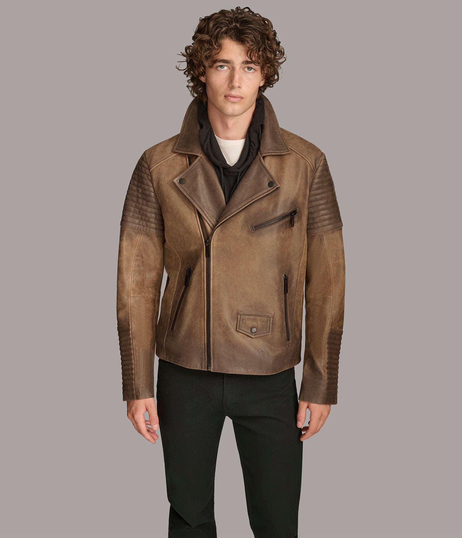 Padded Cognac Moto Leather Jacket