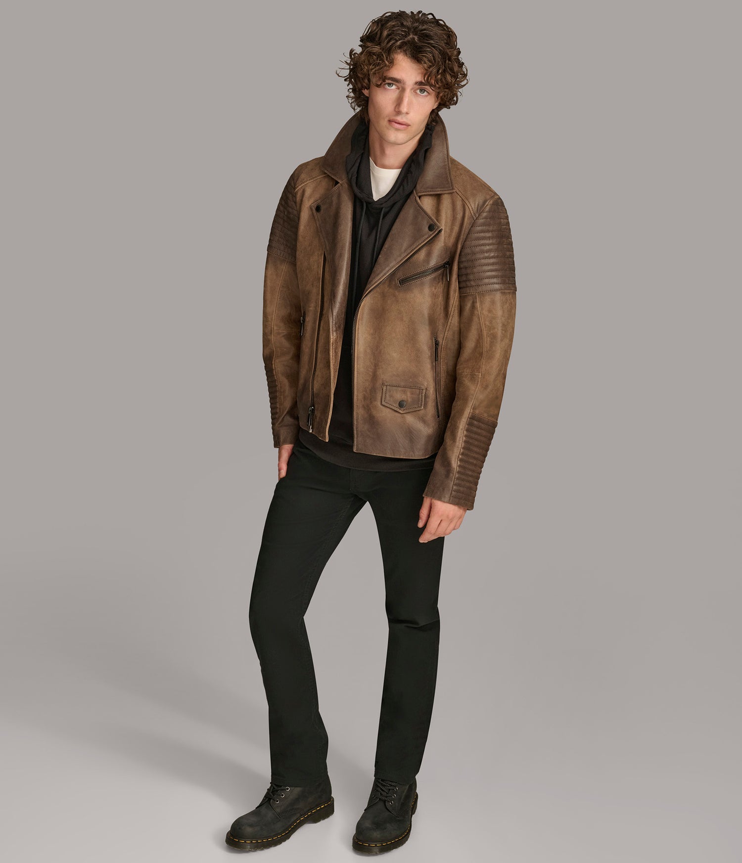 Padded Cognac Moto Leather Jacket