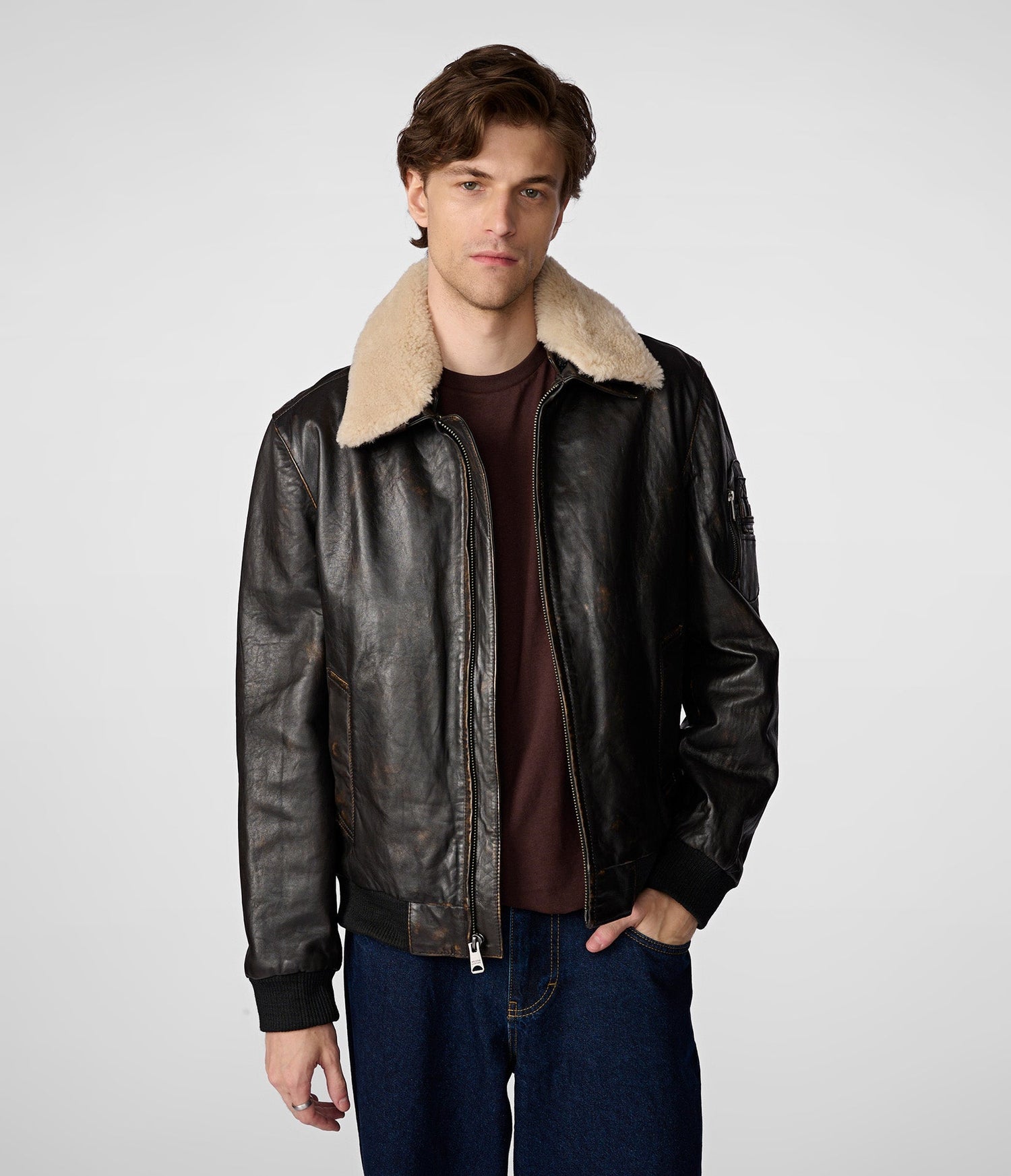 Faux Sherpa Bomber Leather Jacket