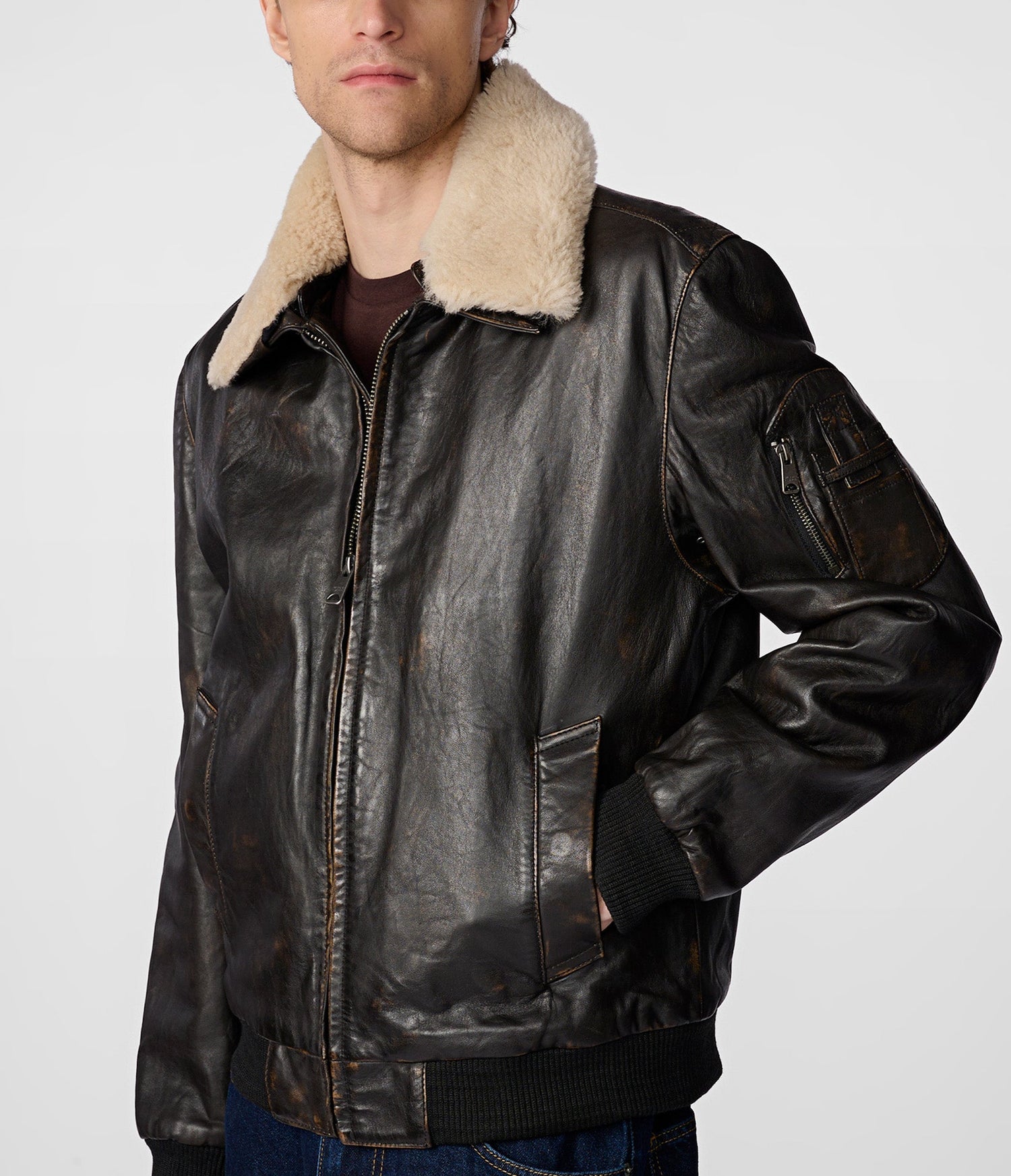 Faux Sherpa Bomber Leather Jacket