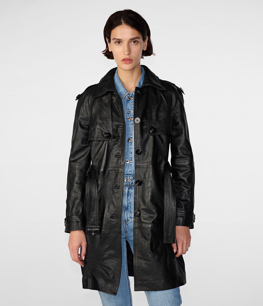 Maria Single Breasted Black Leather Trench Coat