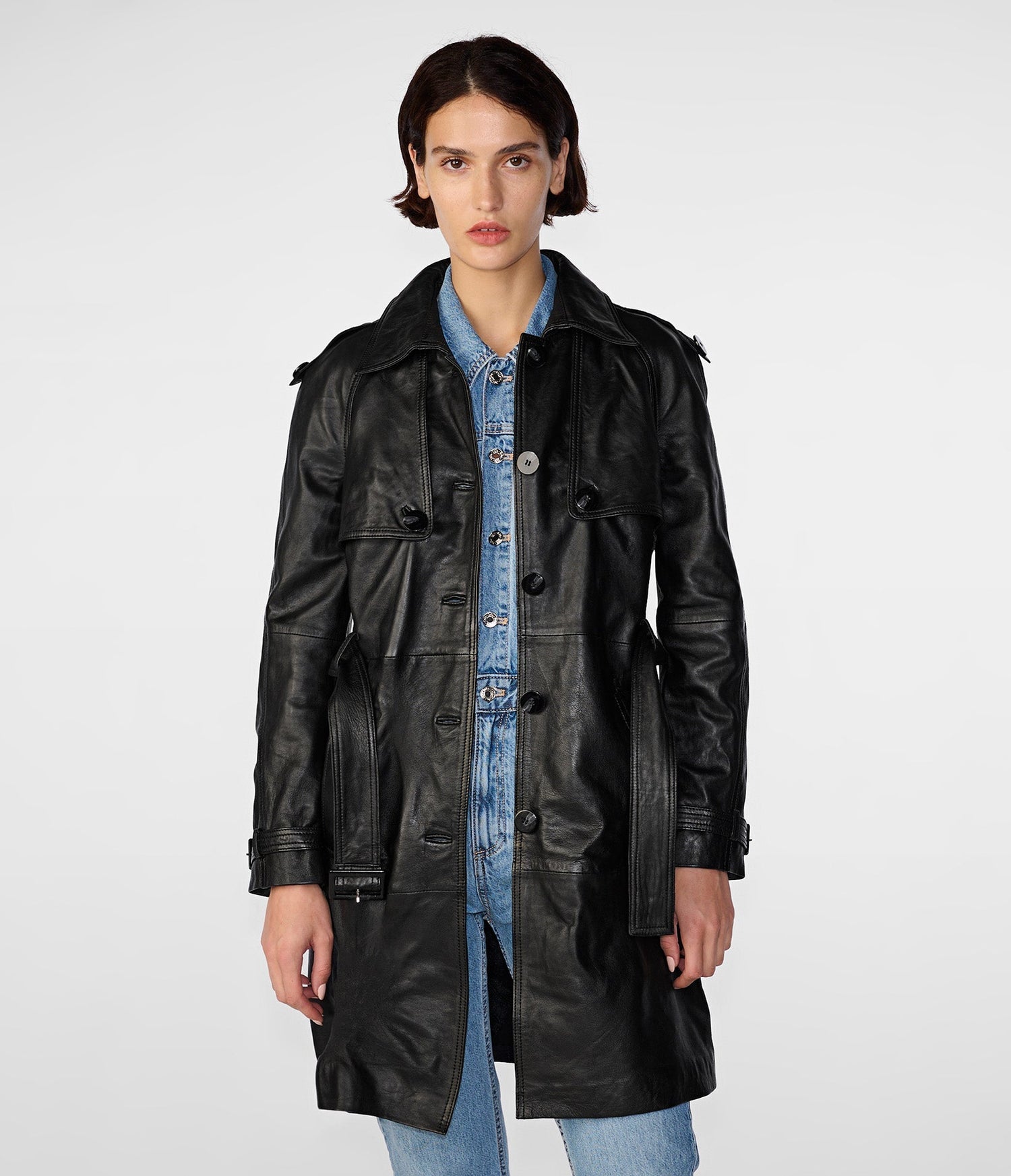 Maria Single Breasted Black Leather Trench Coat